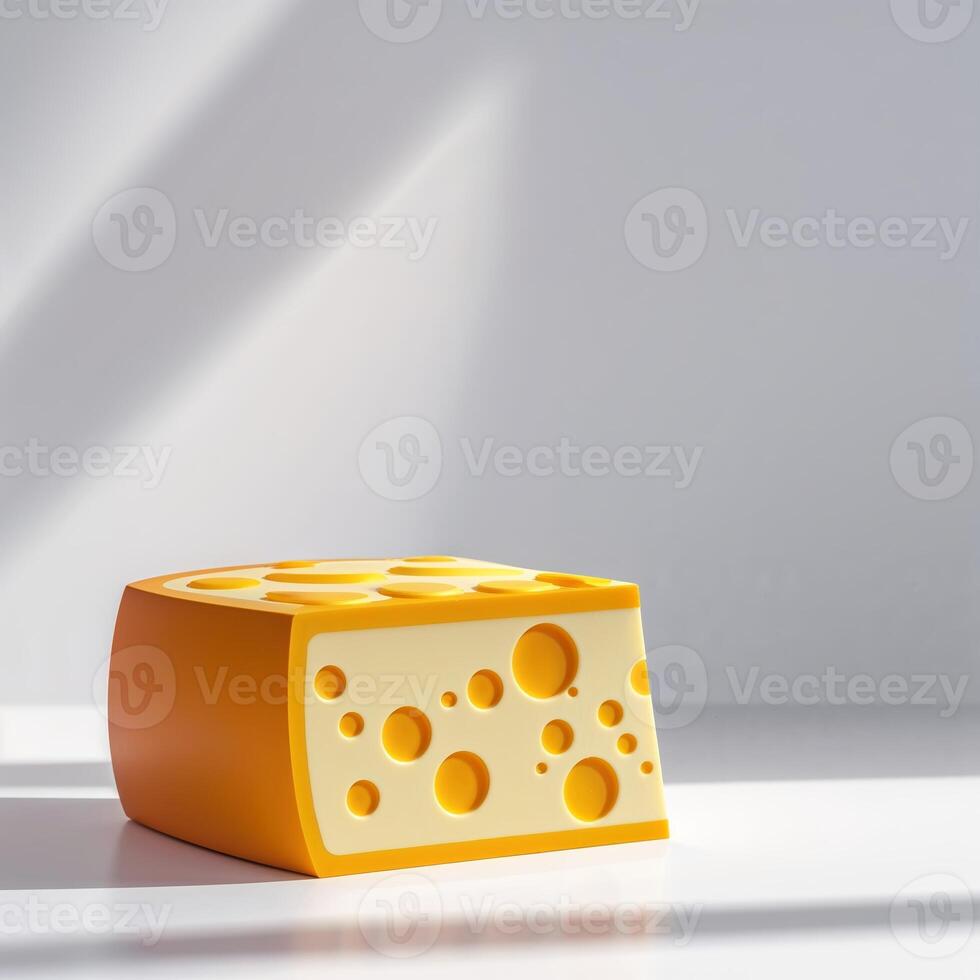 Bright yellow cheese block displayed on a clean surface with shadows and light at a modern kitchen setting photo