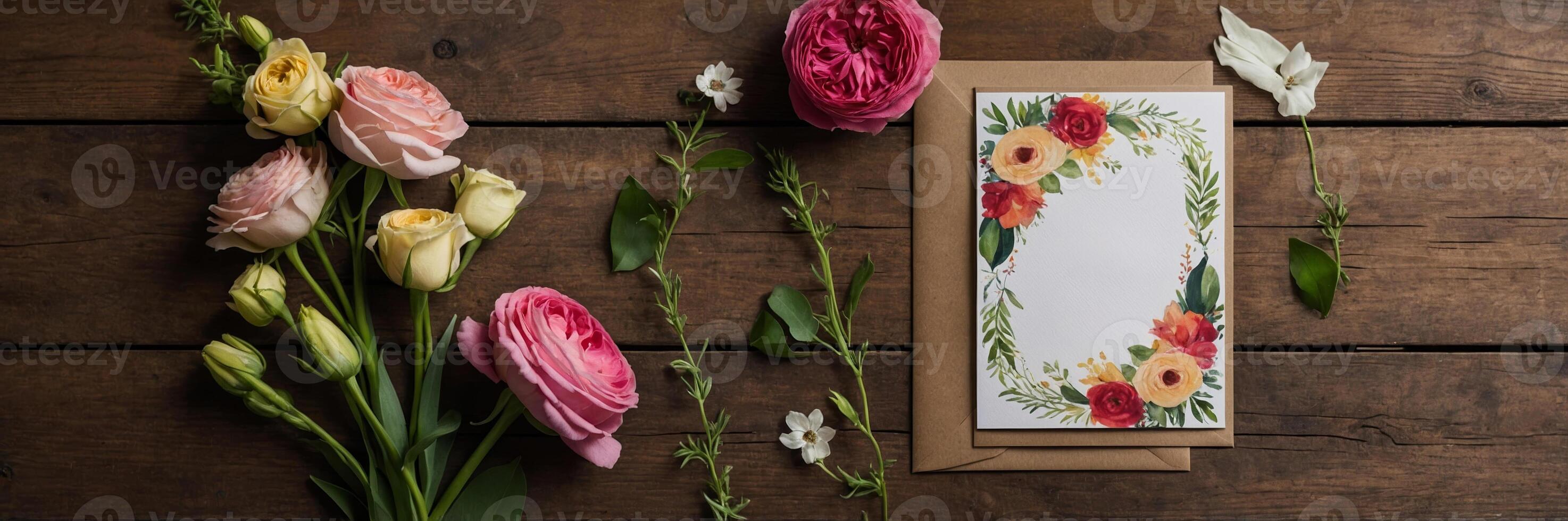 Beautiful flower arrangement with greeting card on rustic wooden background for a thoughtful occasion photo