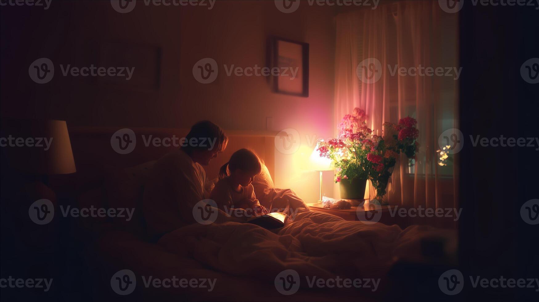 Warm evening reading session between parent and child in a softly lit bedroom photo