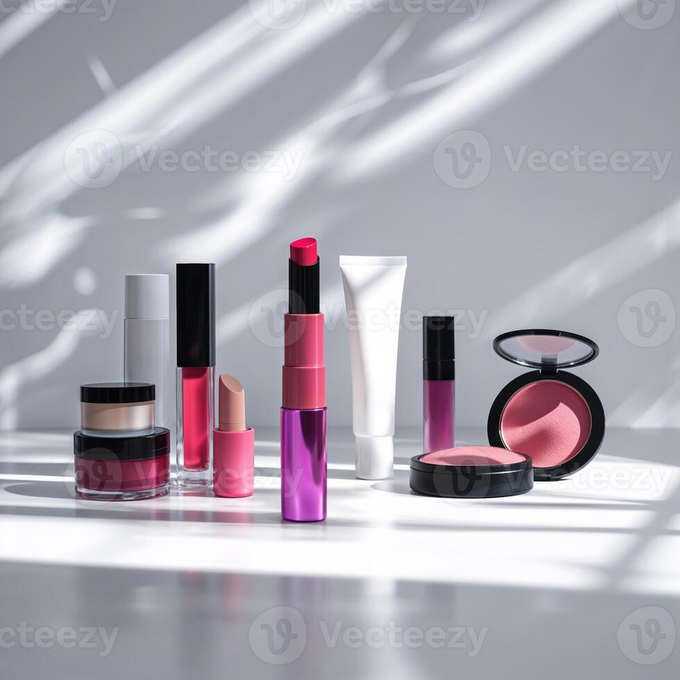 Cosmetics display featuring various lipsticks, blushes, and a moisturizer in soft sunlight on grey surface photo