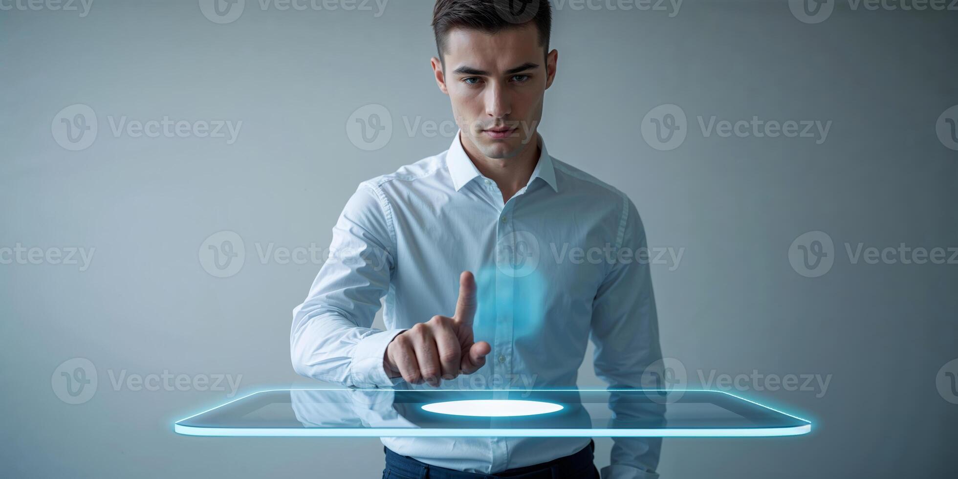 Young professional interacts with holographic interface in a modern office setting during the day photo