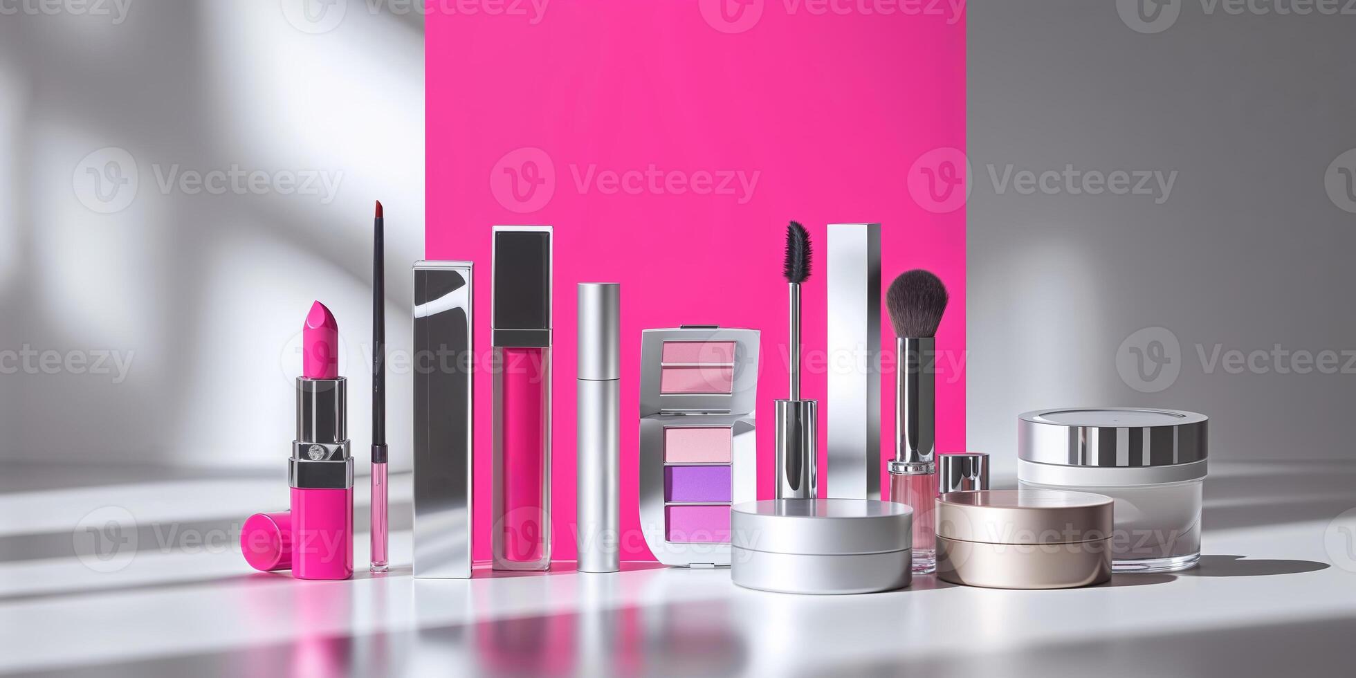 Makeup products arranged on a table with dramatic lighting and a vibrant pink background during the day photo