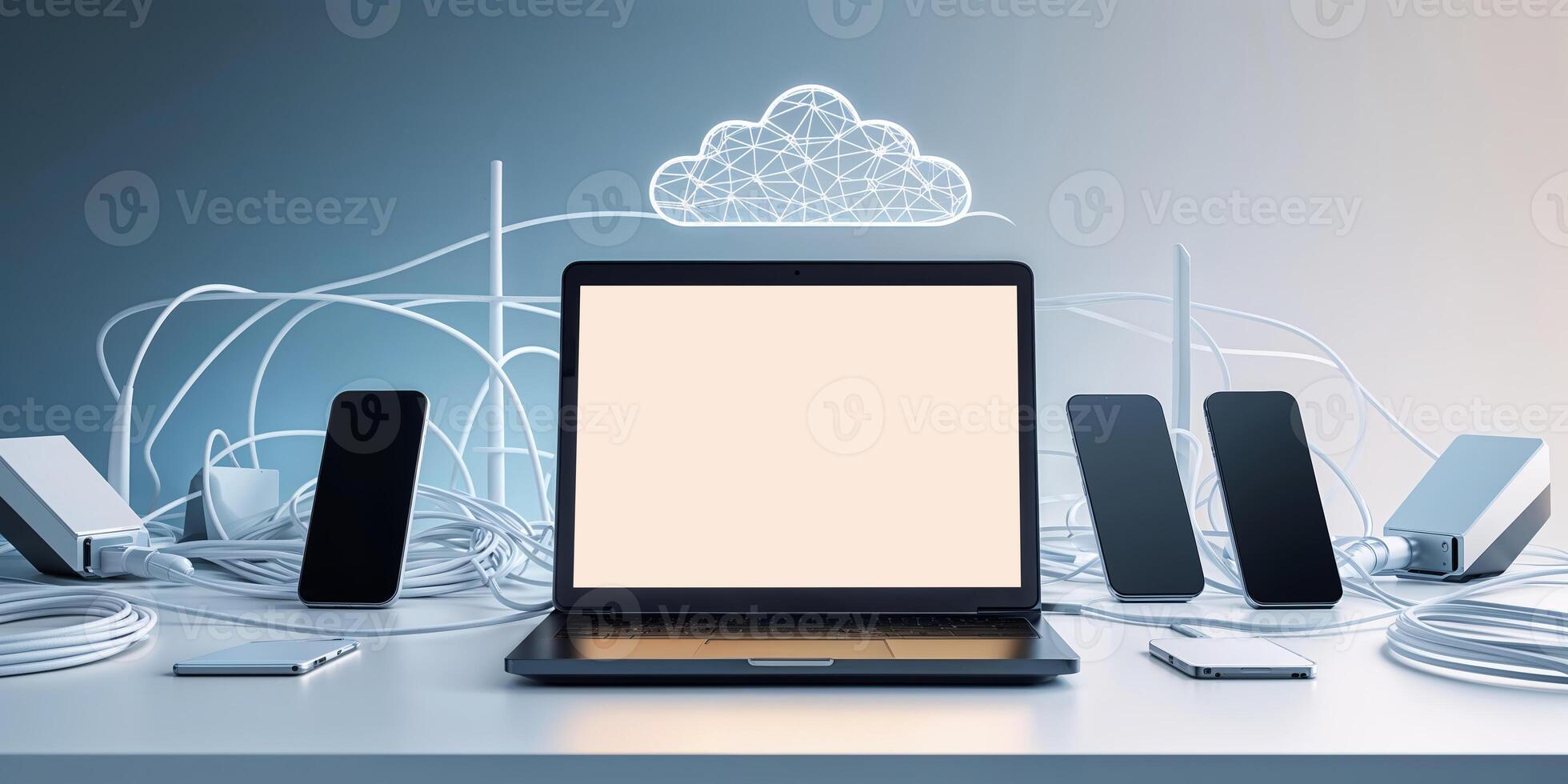 Modern technology setup with multiple devices connected and a cloud symbol in the background illustrating digital connectivity photo