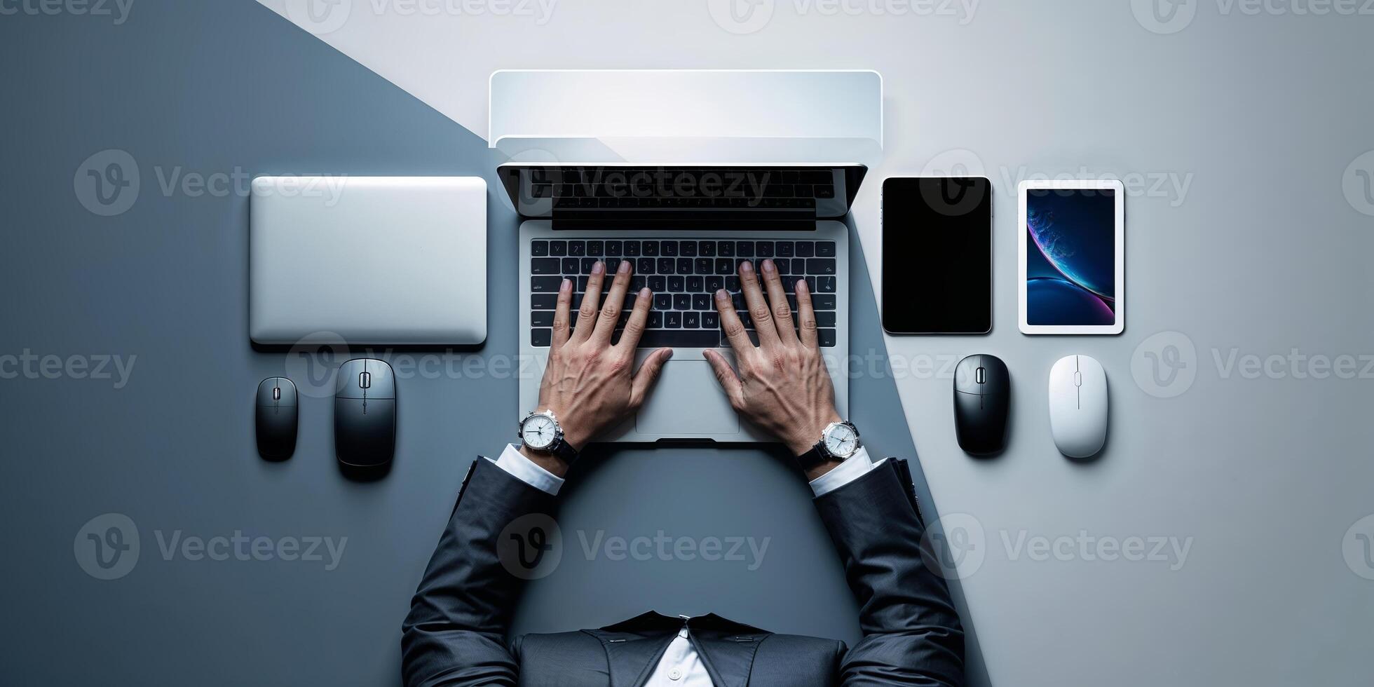 Professional workspace setup featuring modern devices and a focused individual engaged in productivity photo