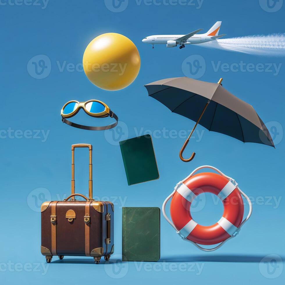 Travel essentials for an adventurous vacation under the sunny sky with an airplane flying overhead photo