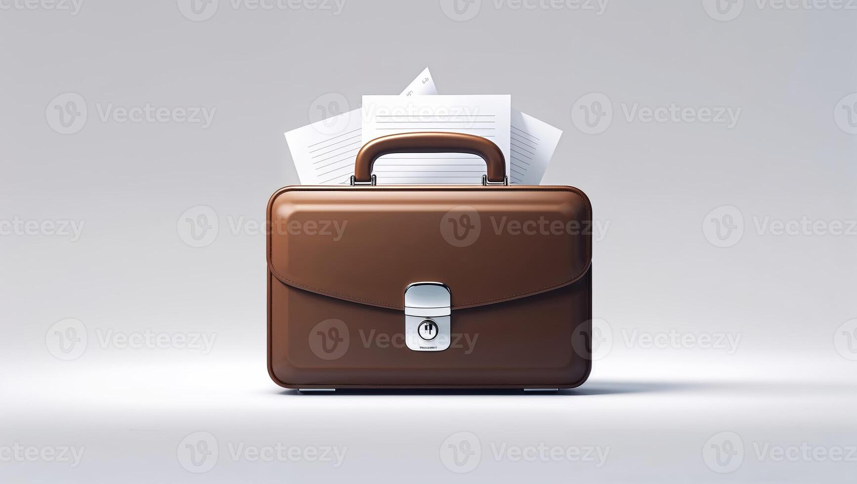 Brown leather briefcase with documents on a gray background showcasing professionalism and organization in a business context photo