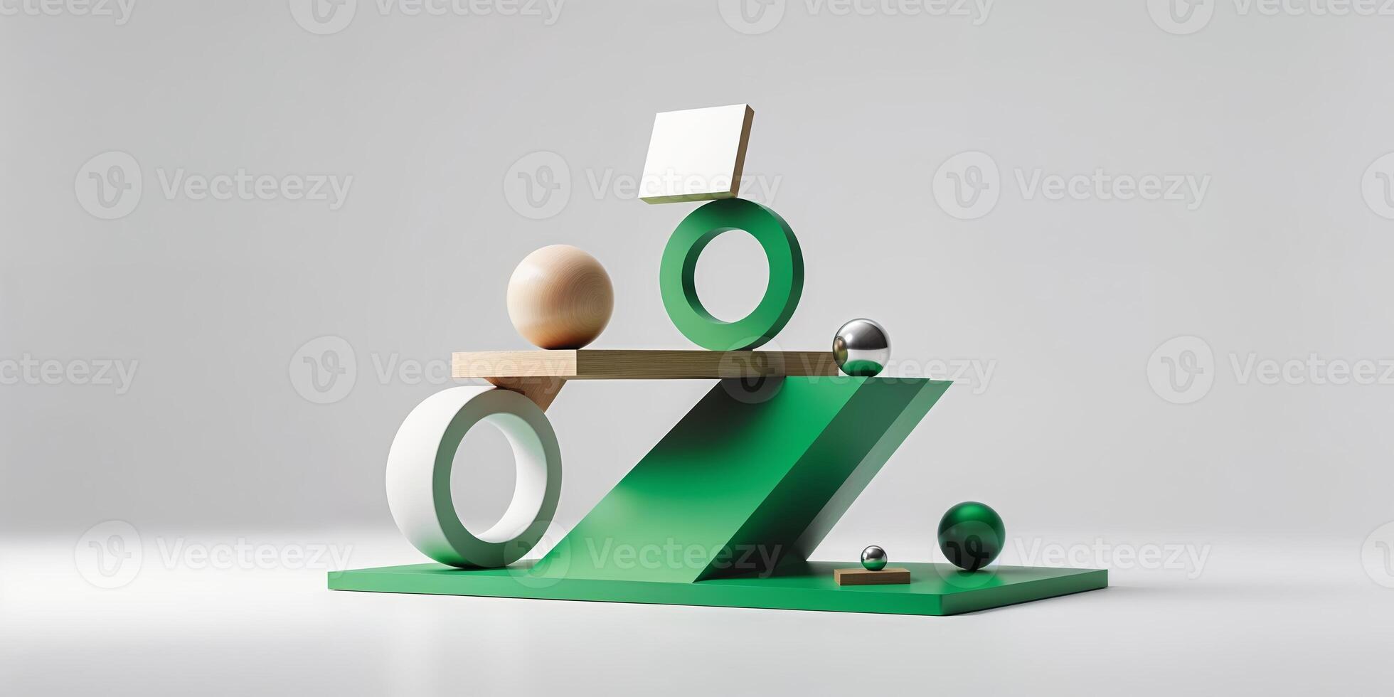 Artistic arrangement of geometric shapes on a green base showcasing balance and composition in a minimalistic design setting photo