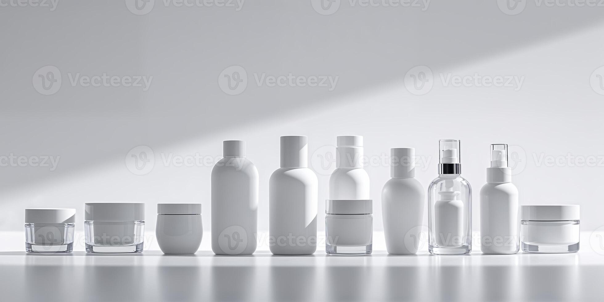 Various skincare and cosmetic containers arranged in a modern setting with clean lines and simple design photo