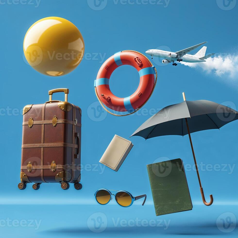 Travel essentials hover in mid-air against a vibrant blue backdrop with airplane soaring above photo