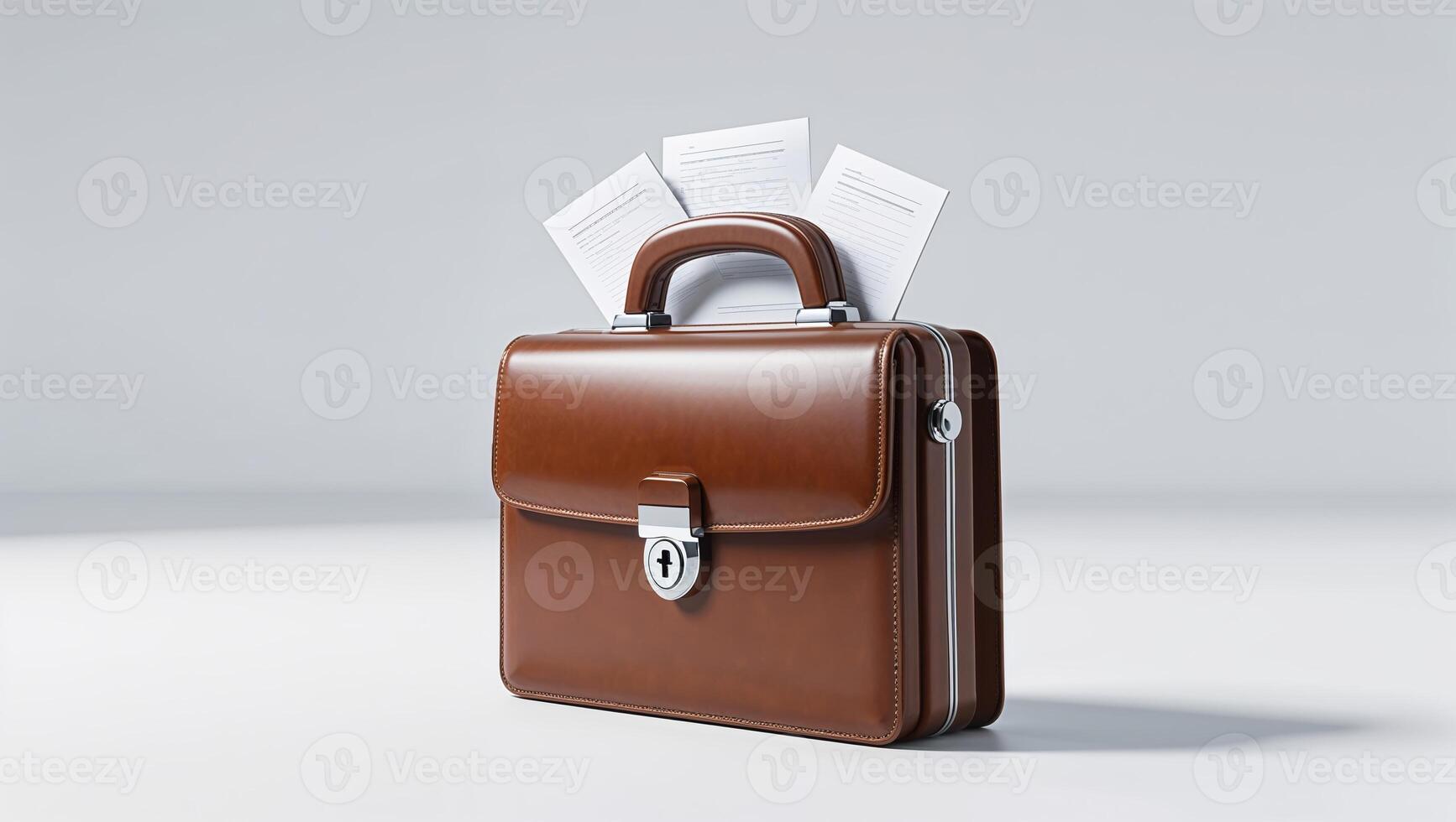 Brown leather briefcase with documents ready for a business meeting in a minimalist space photo