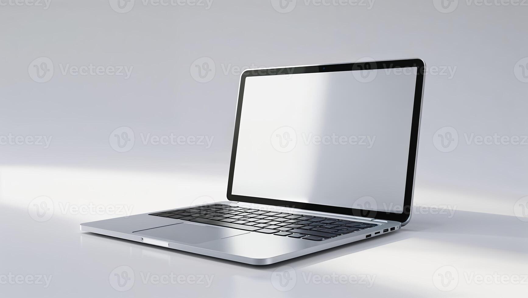 Modern laptop on a clean desk with blank screen, showcasing sleek design and minimalistic workspace aesthetics photo