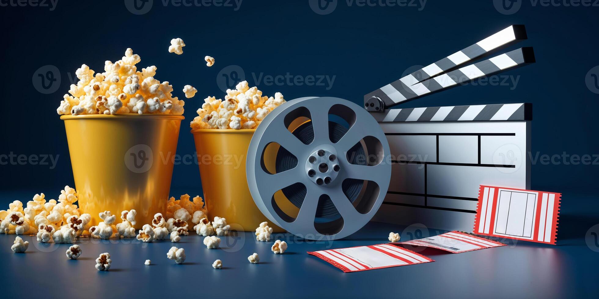 Popcorn, film reel, and tickets create a theater atmosphere for an enjoyable movie night experience photo