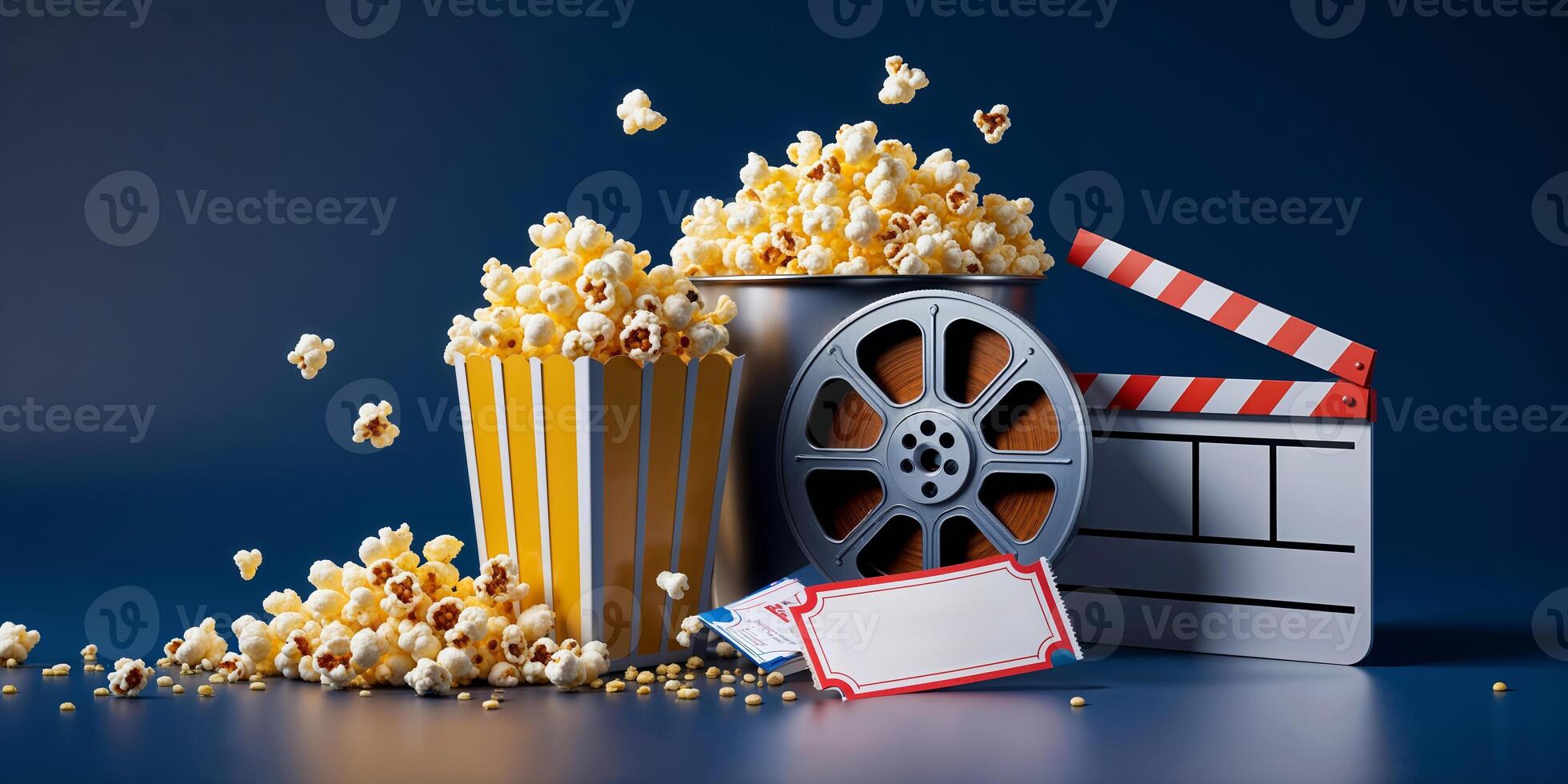 Interactive movie night setup with popcorn, film reel, and clapperboard in a cozy atmosphere photo