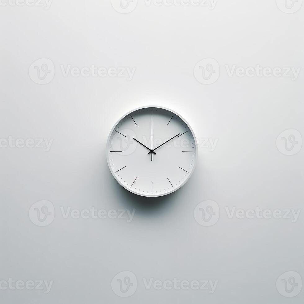 Minimalist wall clock showing time on a plain background with a modern design in a well-lit space photo