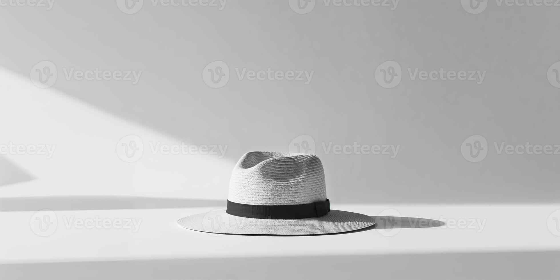 Elegant white hat placed on a surface with dramatic shadows, showcasing minimalist design in bright lighting photo
