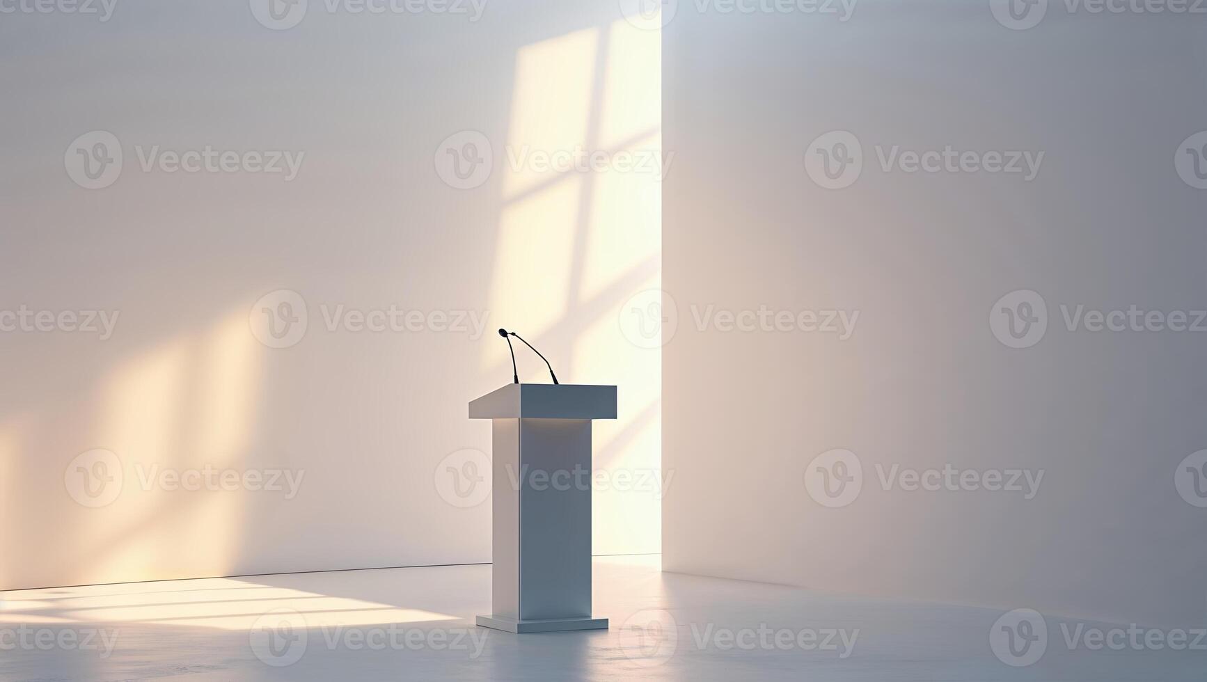 Podium illuminated by natural light in a minimalist space during a daytime event photo