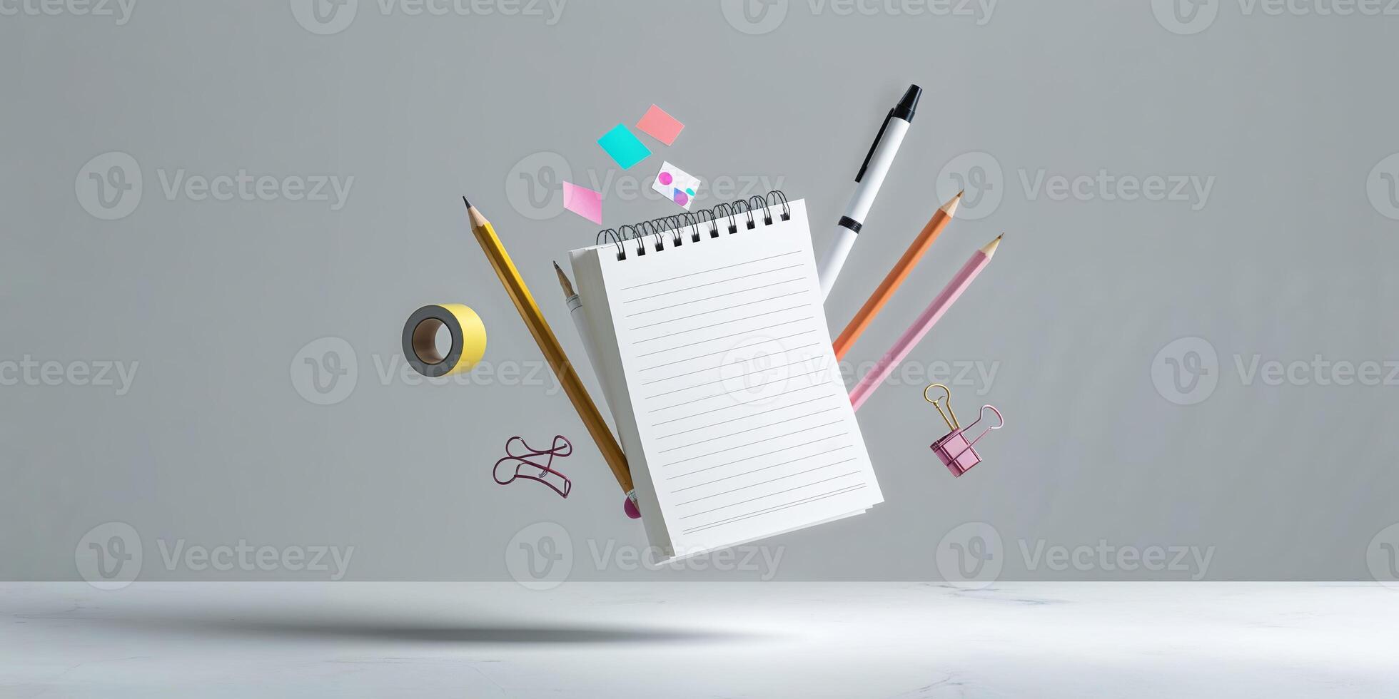 Creative workspace with floating stationery elements over a minimalist gray background featuring notepad and writing tools photo