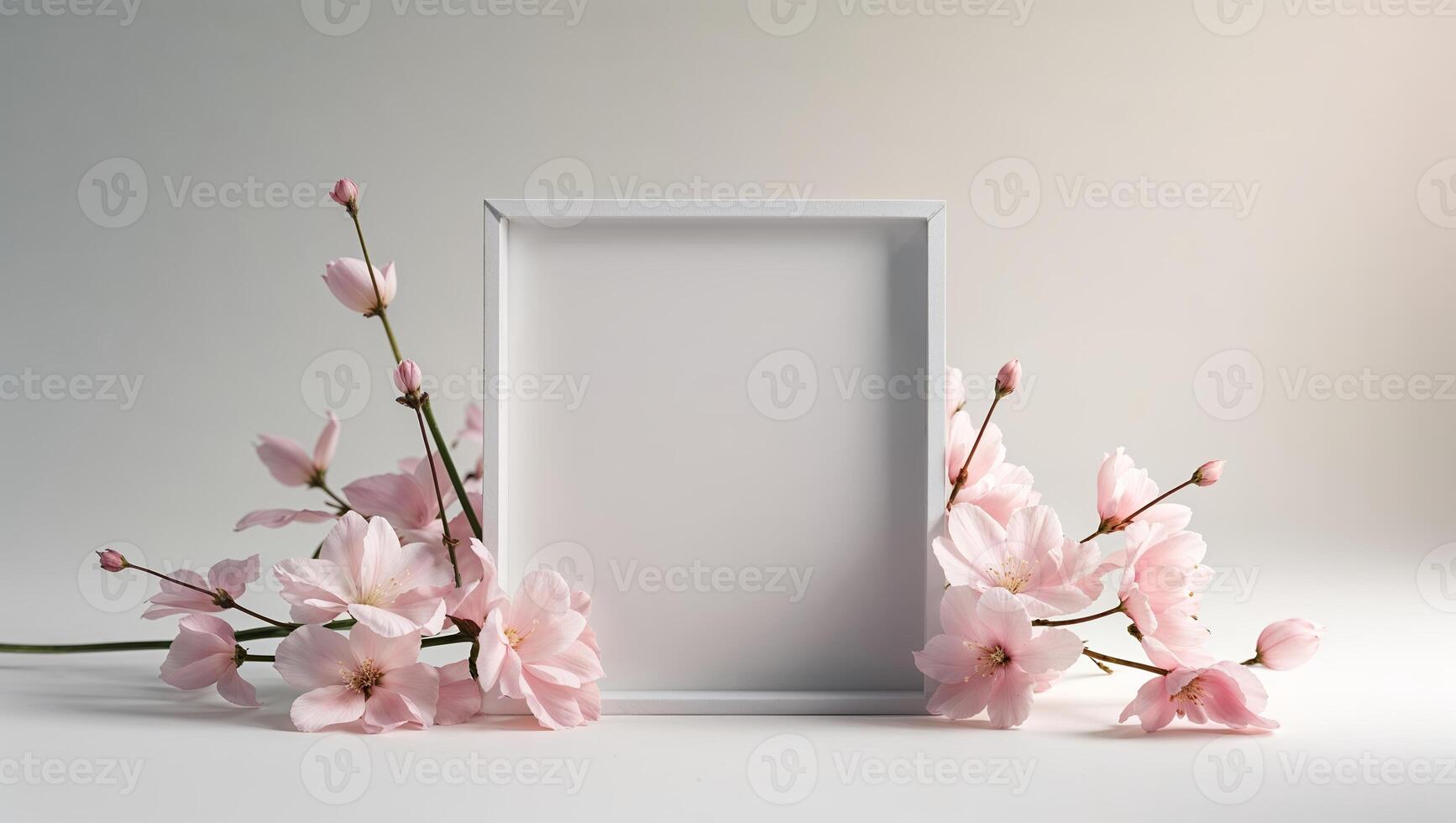 Blank frame surrounded by delicate pink cherry blossoms on a soft, light background photo