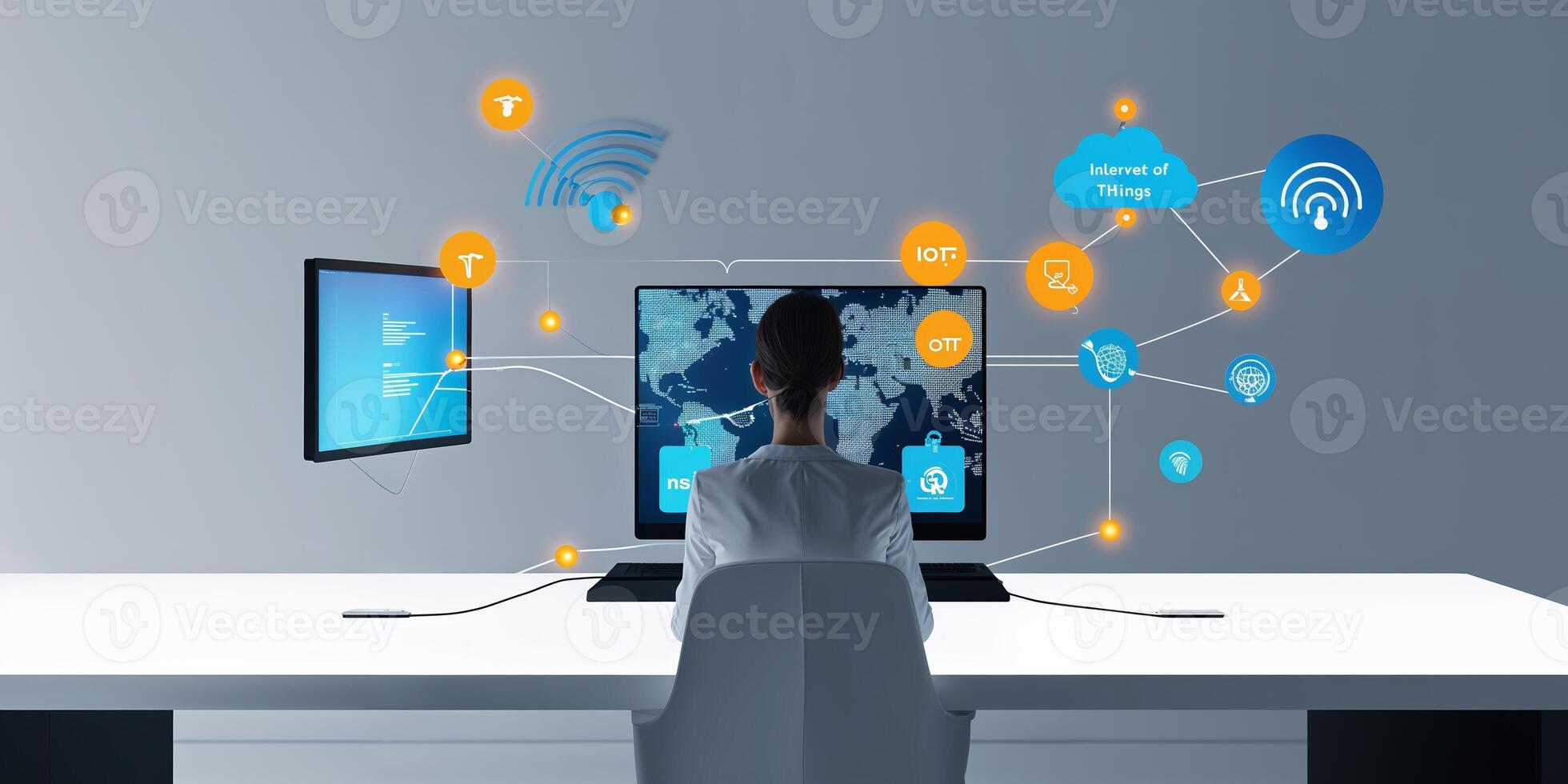 Professional working on smart technology and internet connectivity in modern office environment during nighttime photo
