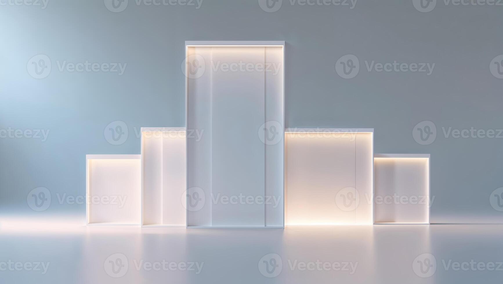 Modern minimalist display stands illuminated with soft lighting in a serene studio setting photo