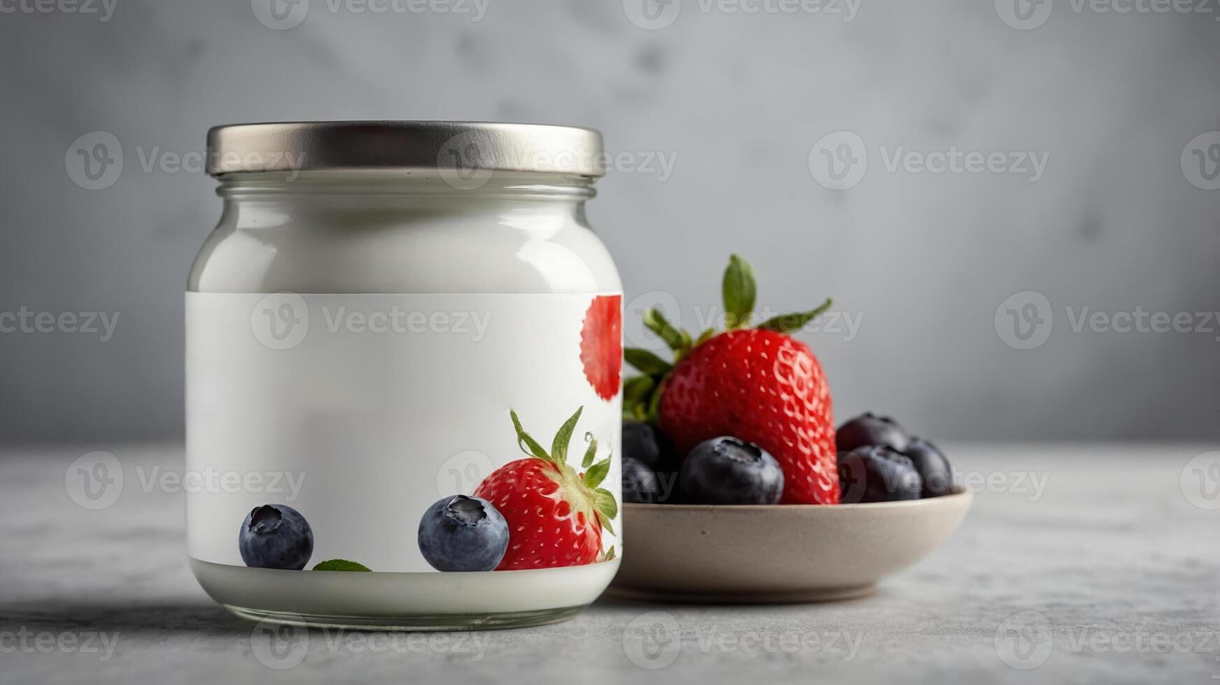 Fresh yogurt with strawberries and blueberries in a jar displayed with fruits on a plate in a modern kitchen setting photo