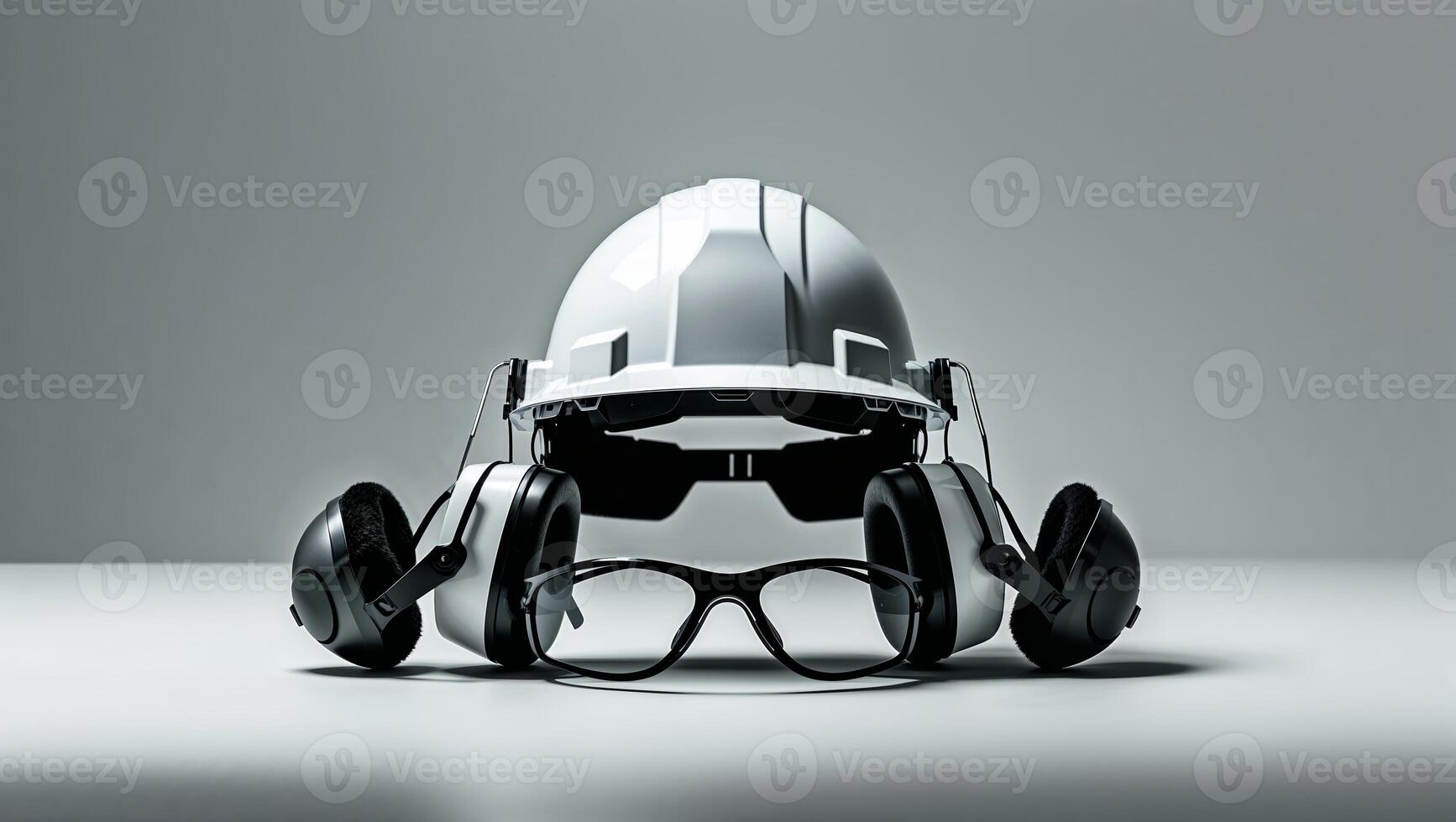 Safety equipment arranged neatly on a smooth surface for construction or industrial use photo