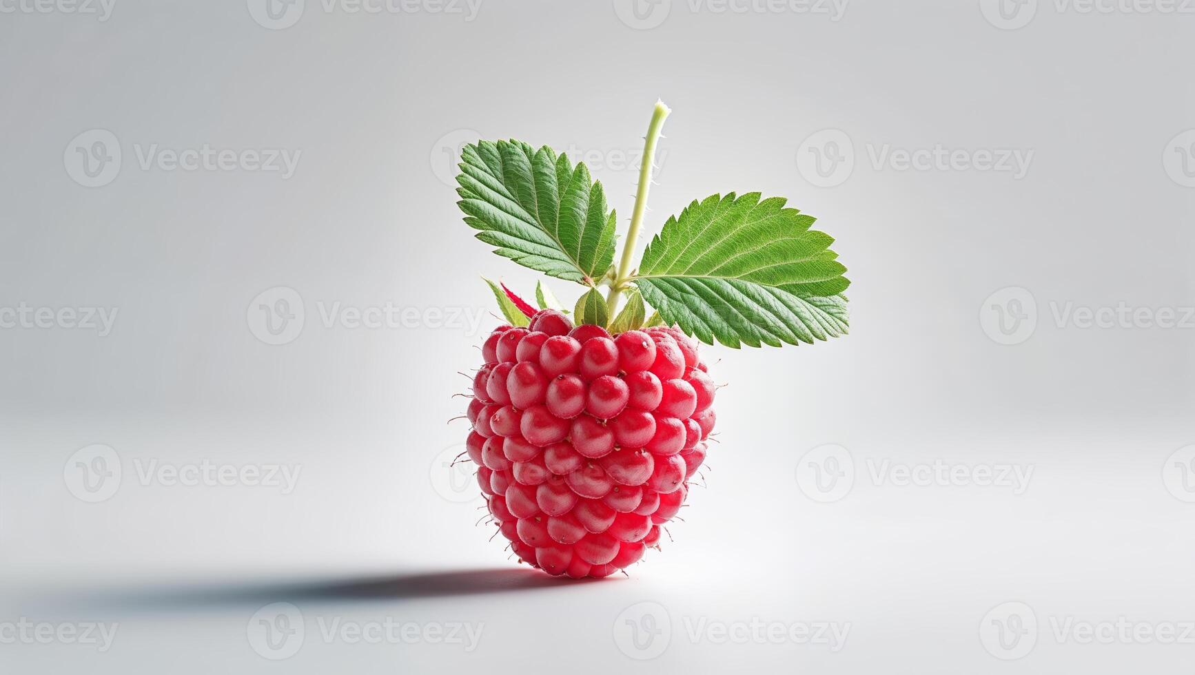 Fresh raspberry with green leaves highlighted against a simple background showcasing its vibrant color and texture photo