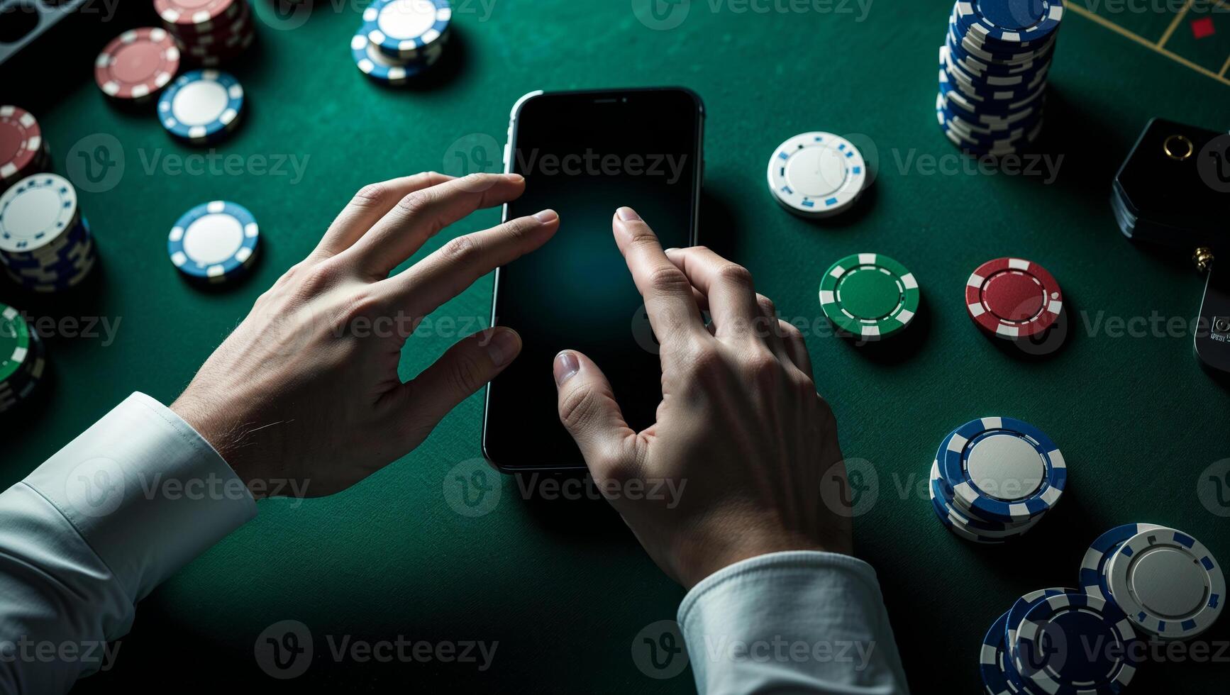 Engaging in mobile gaming with poker chips on a green felt table during a late-night session photo