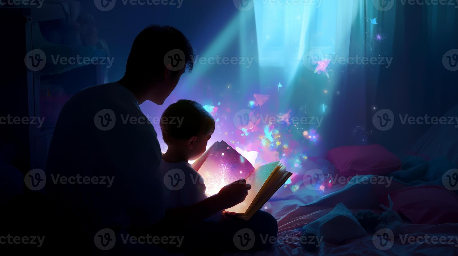 Father and child share a magical bedtime story in a cozy room illuminated by ethereal light photo