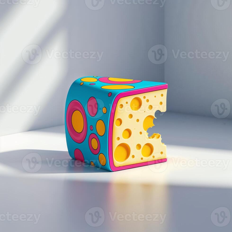 Colorful cheese block with playful design resting on a surface in bright light photo
