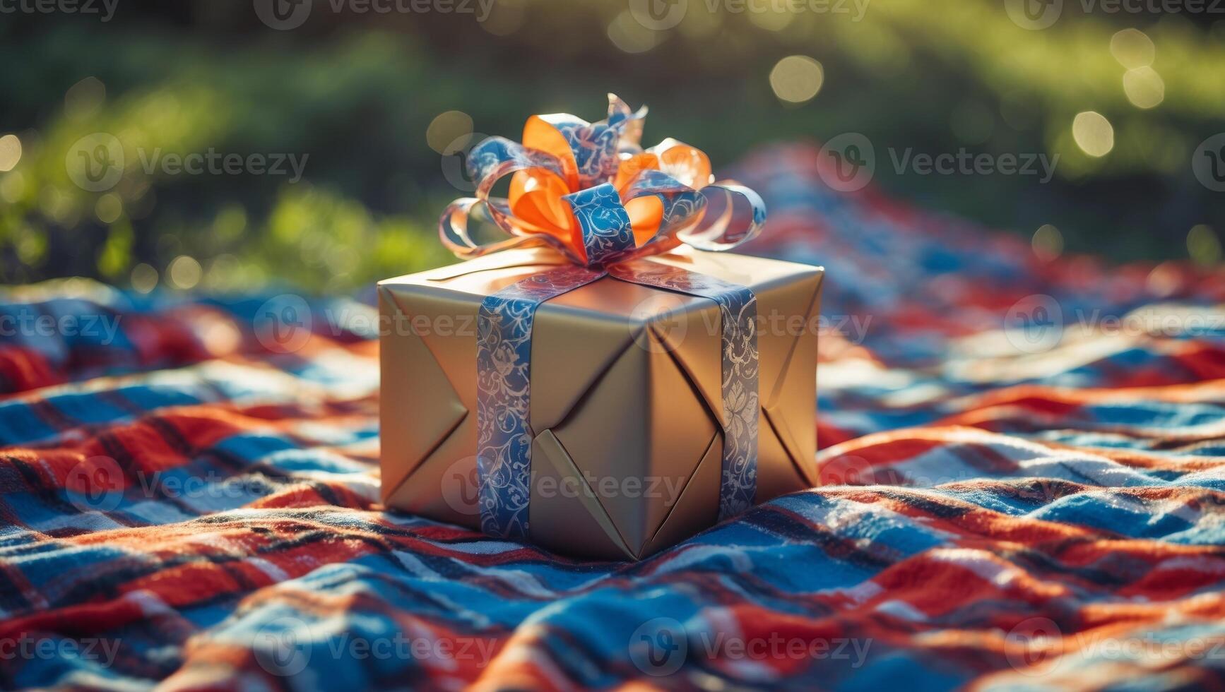 Gift wrapped in shiny paper placed on a colorful picnic blanket in a sunny outdoor setting photo