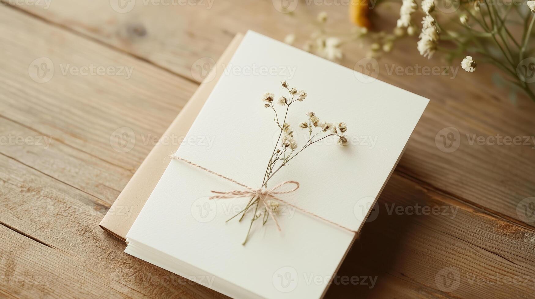 Elegant handcrafted stationery with dried flowers on a rustic wooden table in a cozy indoor setting photo