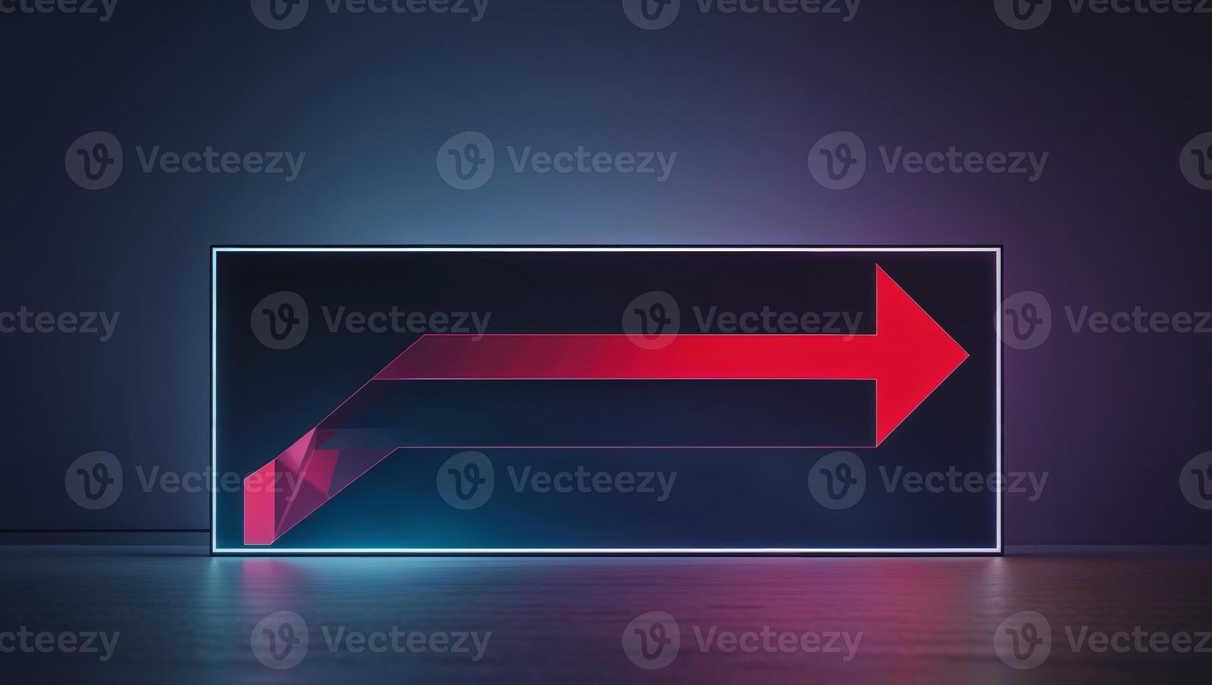 Bright red arrow on a glowing background indicating direction in a modern setting during evening hours photo