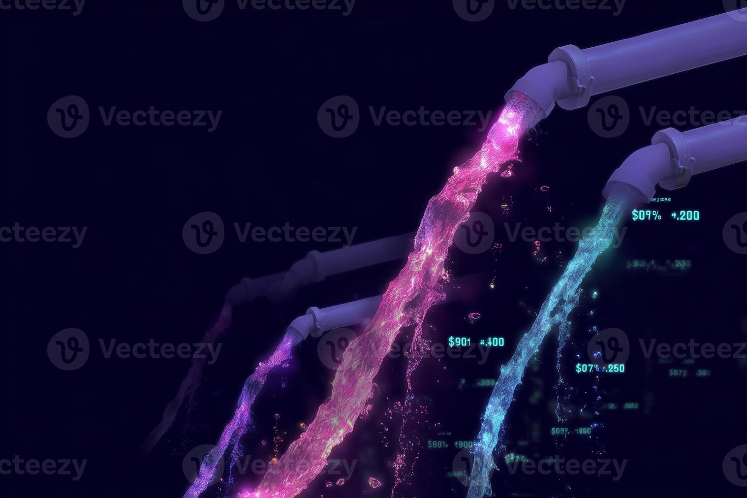 Colorful flowing water streams illuminated by digital data create a mesmerizing visual effect in an abstract setting photo