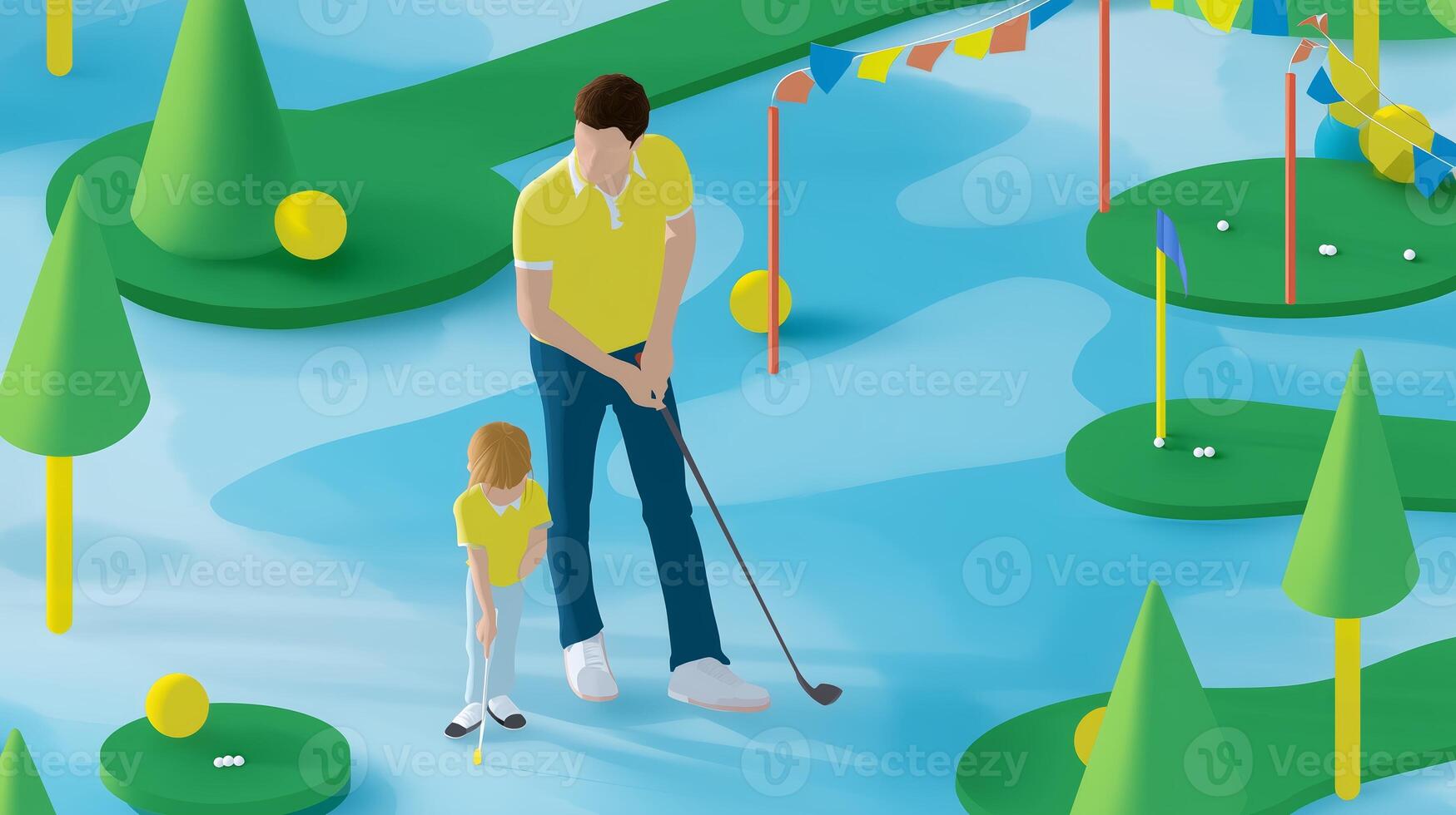 Father and child enjoy a round of mini golf at a vibrant outdoor course on a sunny day photo