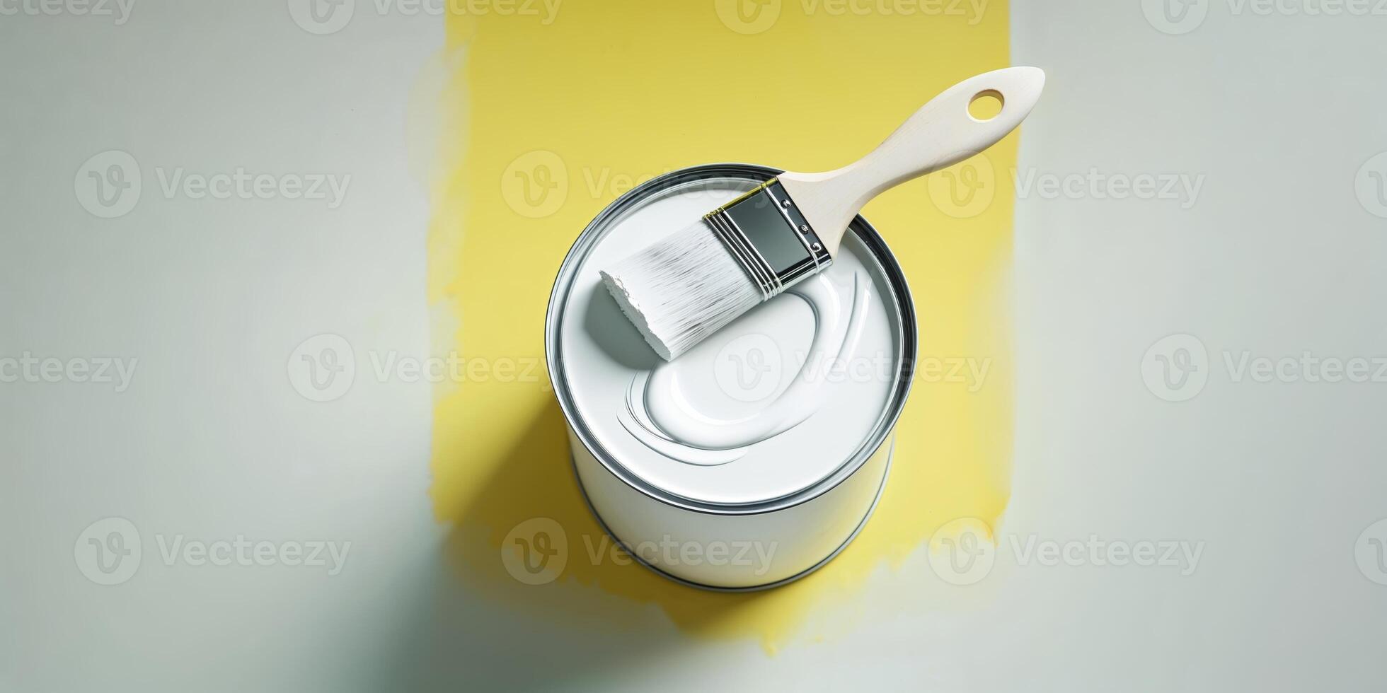 White paint can with brush resting on fresh yellow stroke on wall during home renovation process photo