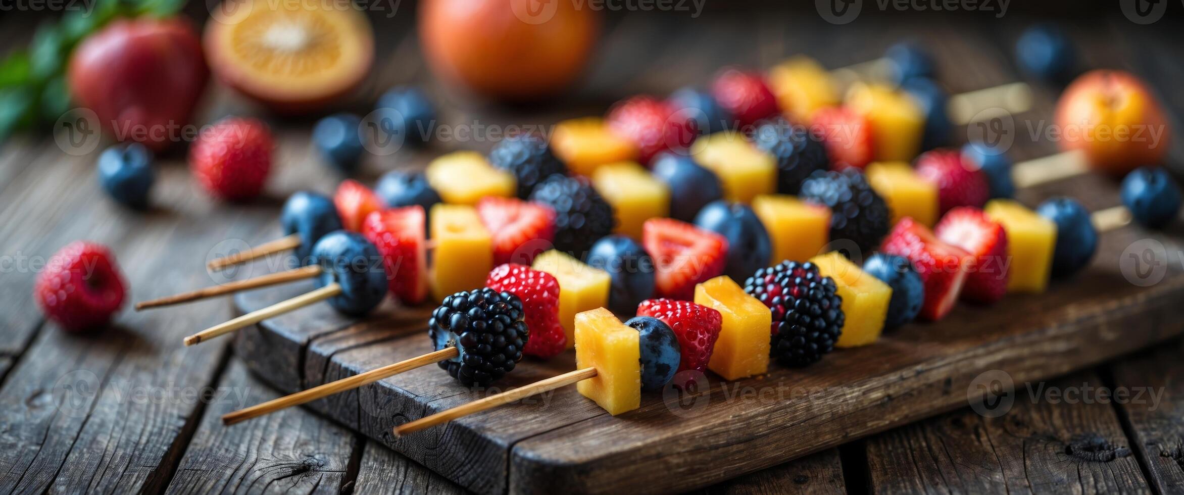 Colorful fruit skewers arranged on a rustic wooden board ready for a summer picnic or outdoor gathering photo