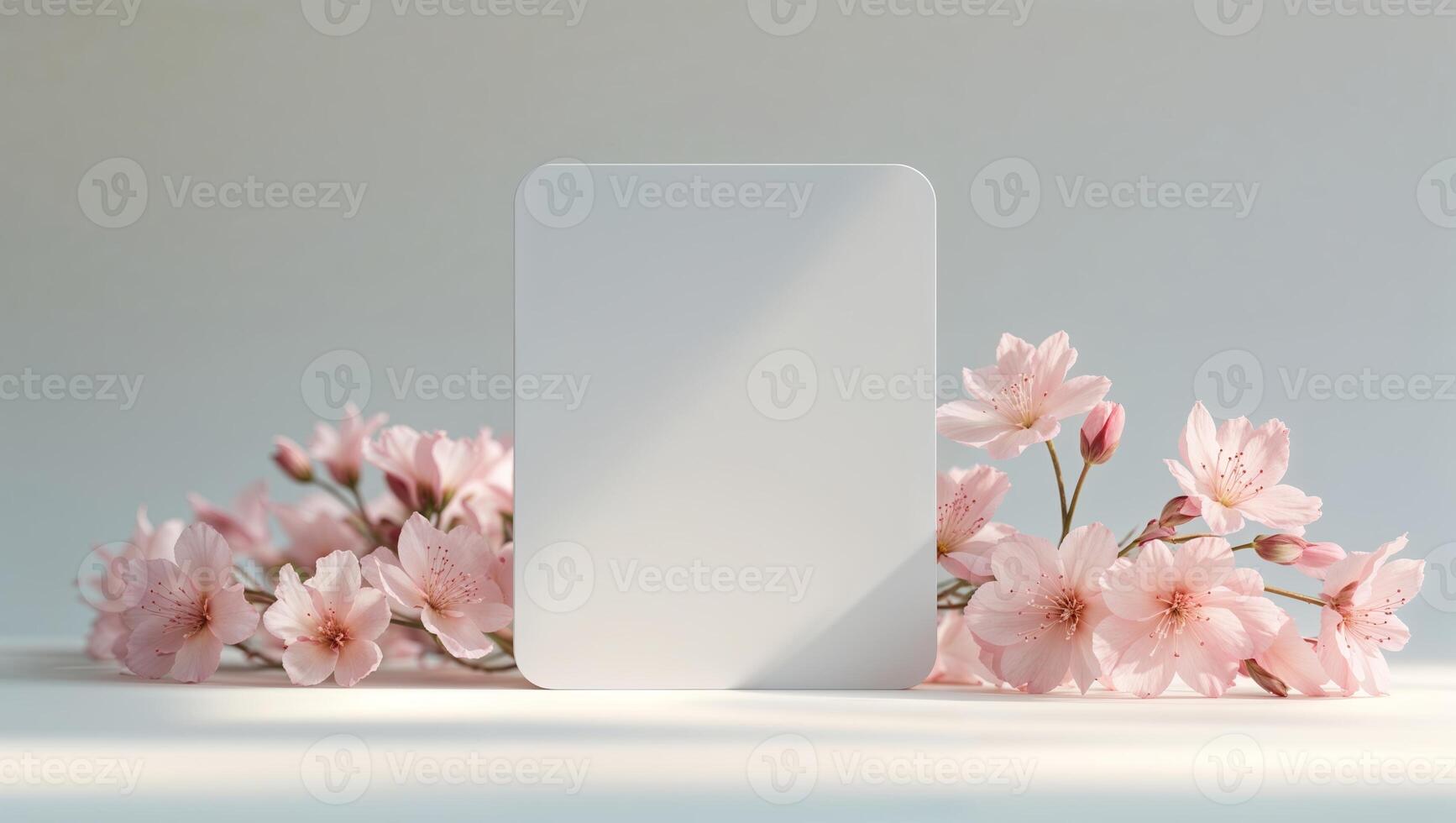 Blank card surrounded by delicate pink cherry blossoms in a serene setting photo