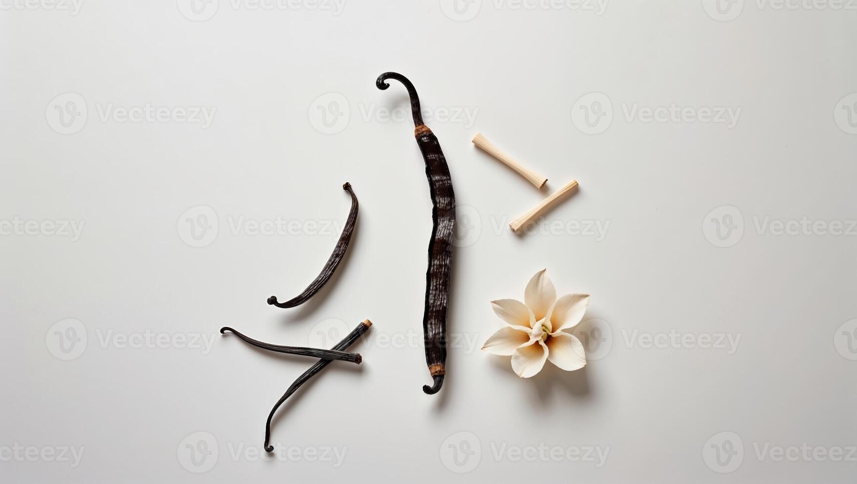 Vanilla beans and flower arrangement on a neutral background showcasing natural ingredients for culinary use photo