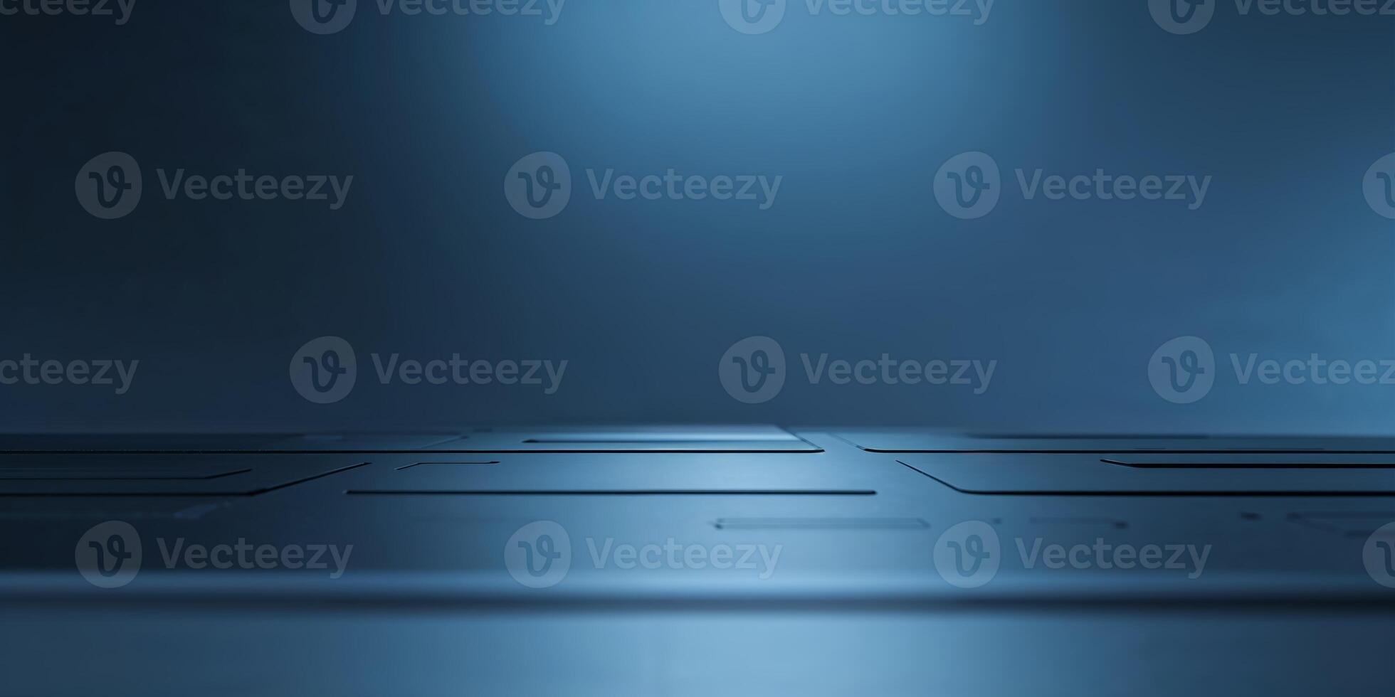 Close-up view of a sleek surface illuminated by soft blue light in a minimalistic setting, highlighting textures and lines photo