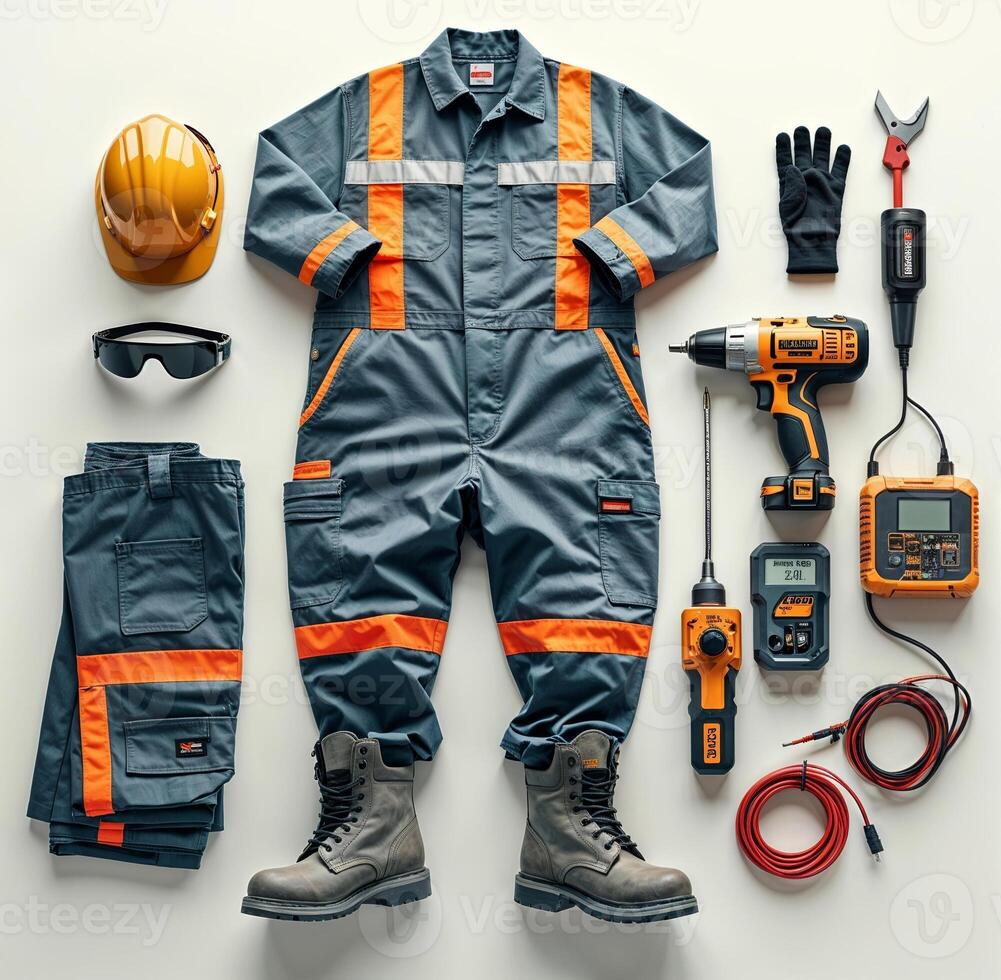 Safety gear and tools arranged neatly for construction work in a well-lit studio setting photo