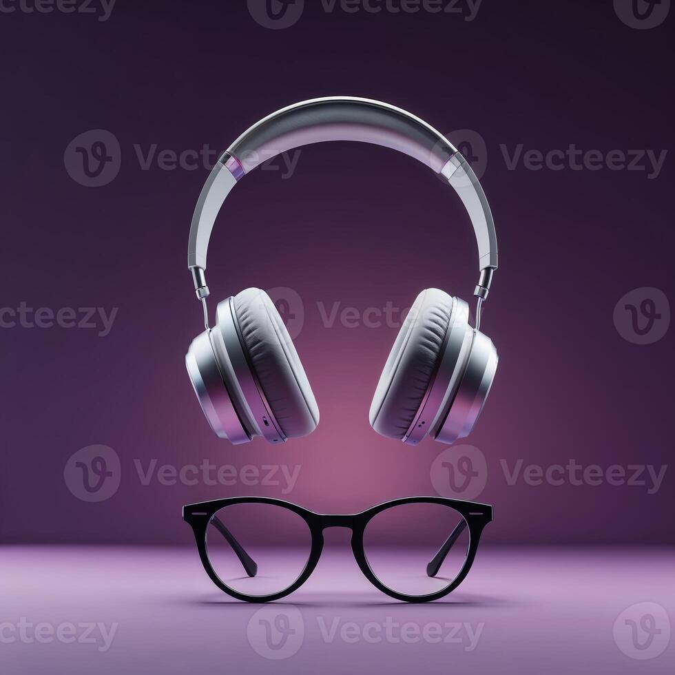 Stylish headphones and glasses create a modern aesthetic in a minimalist setting with vibrant colors photo