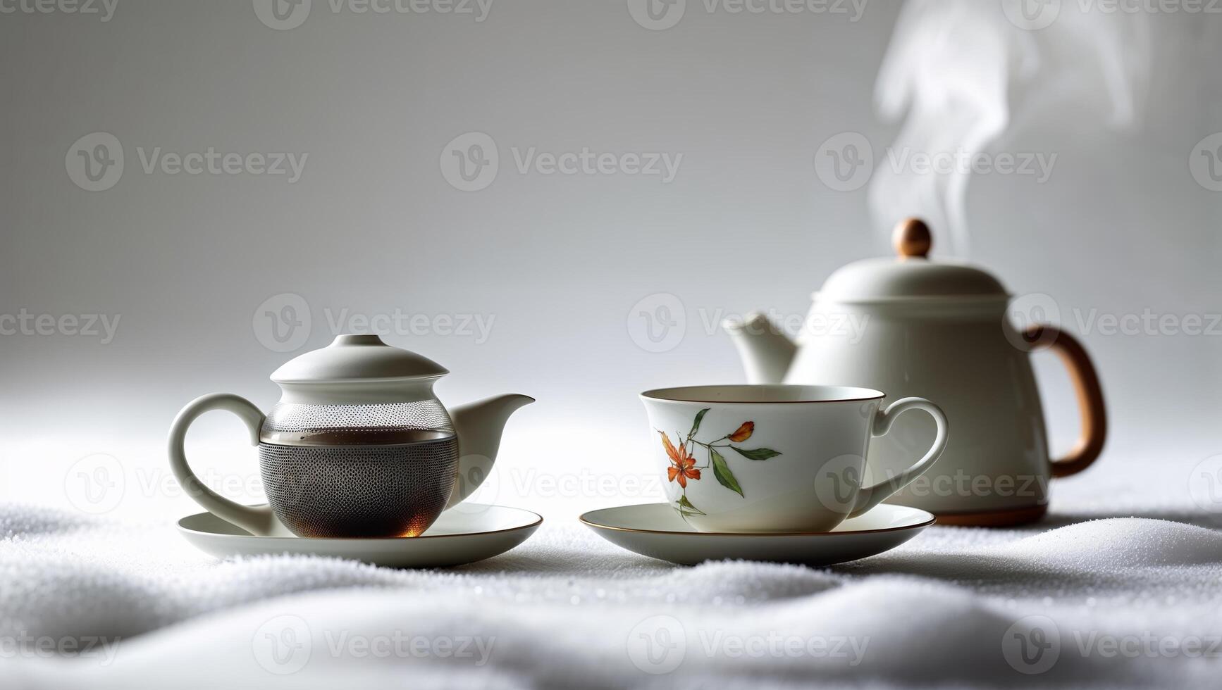Elegant tea set on a soft surface with steaming pot and delicate cup, creating a serene atmosphere photo