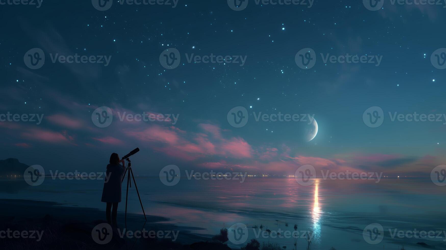 Stargazer observes crescent moon and stars over tranquil waters during twilight photo