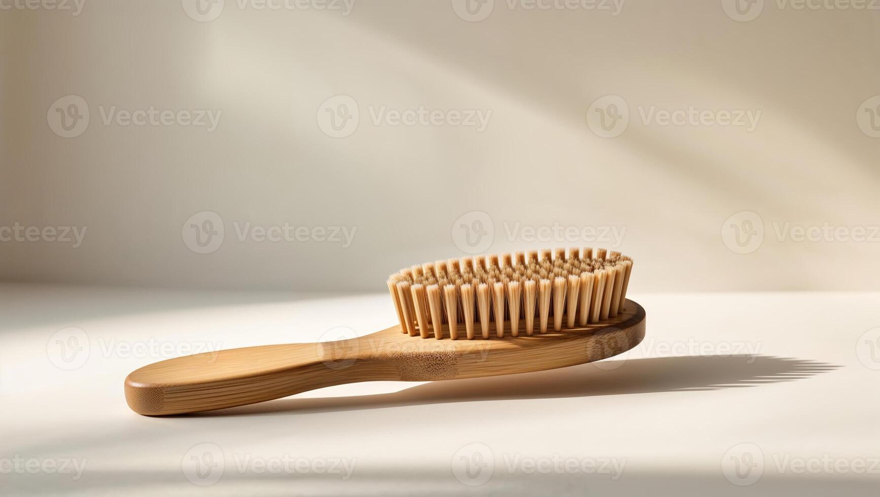 Bamboo hair brush rests on a light surface with soft shadows in the morning light photo