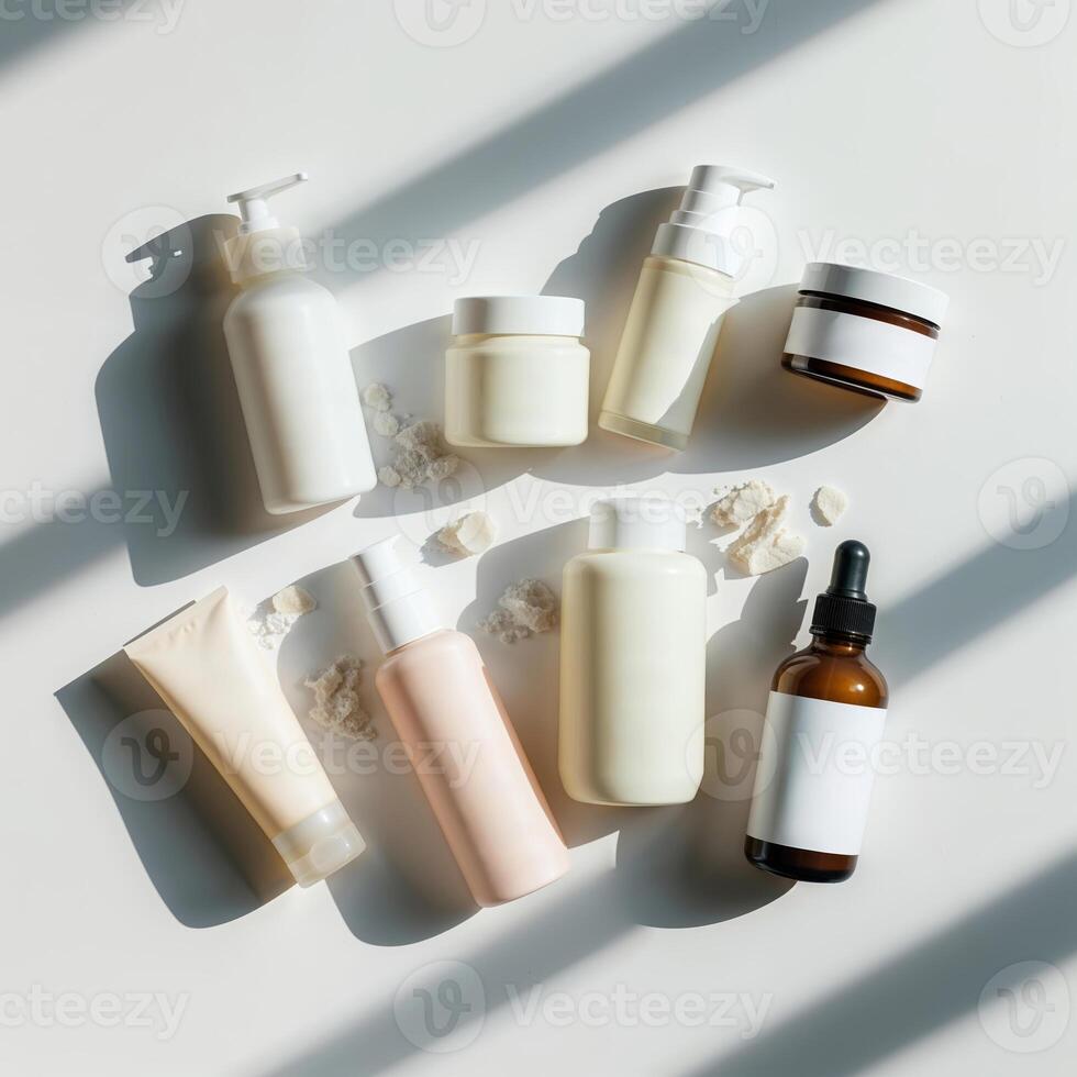 Various skincare products arranged on a surface with soft shadows highlighting their textures photo