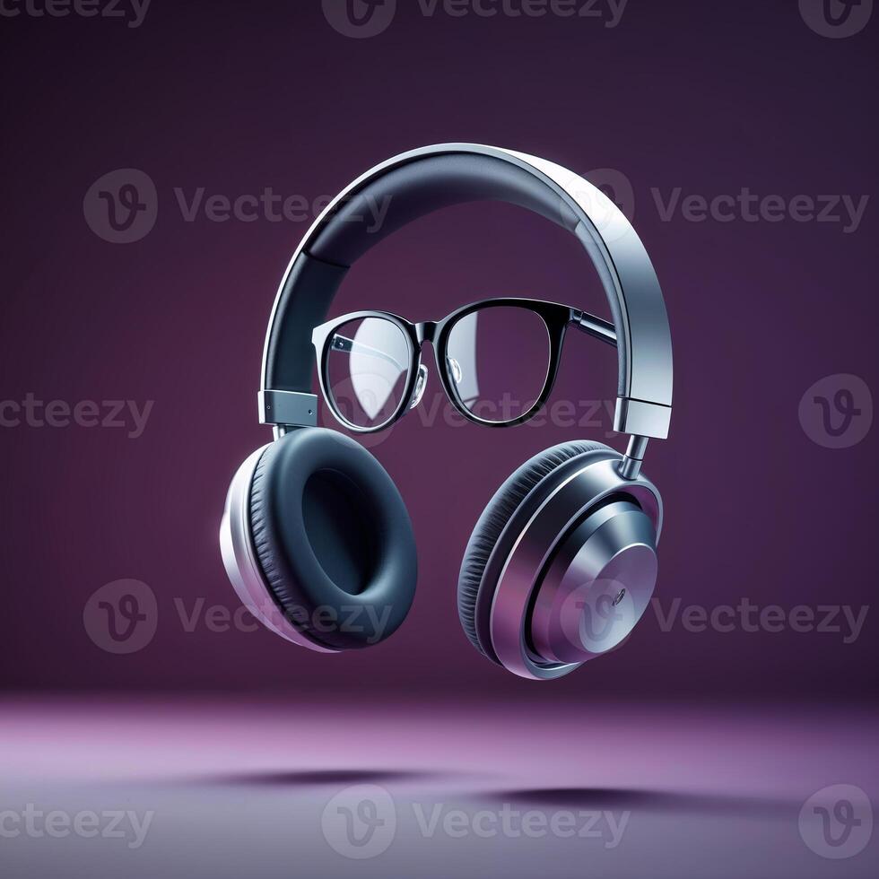 Floating headphones and glasses create an intriguing visual display against a purple background photo