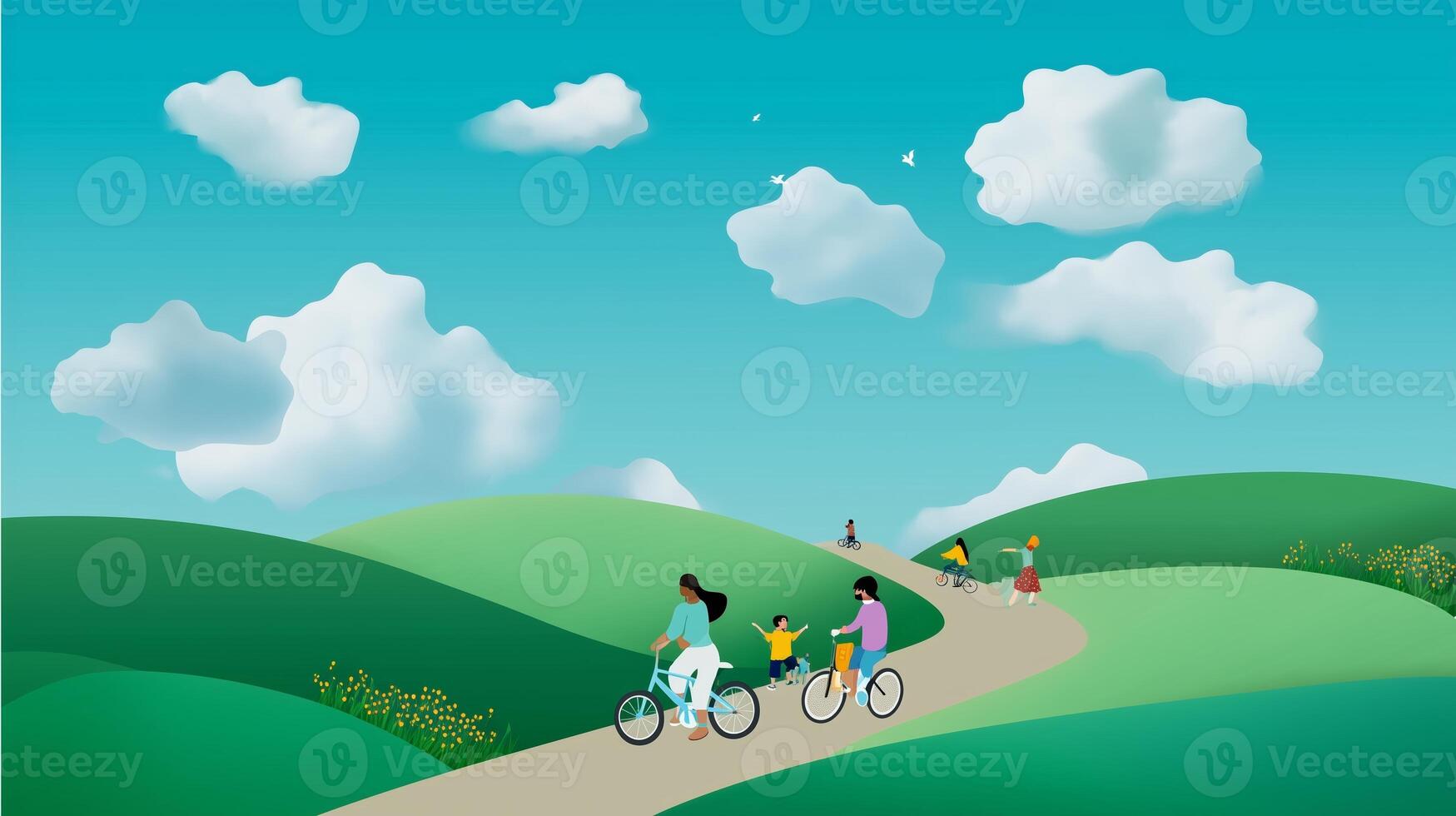 Families enjoying a sunny day biking along a scenic path with green hills and fluffy clouds photo