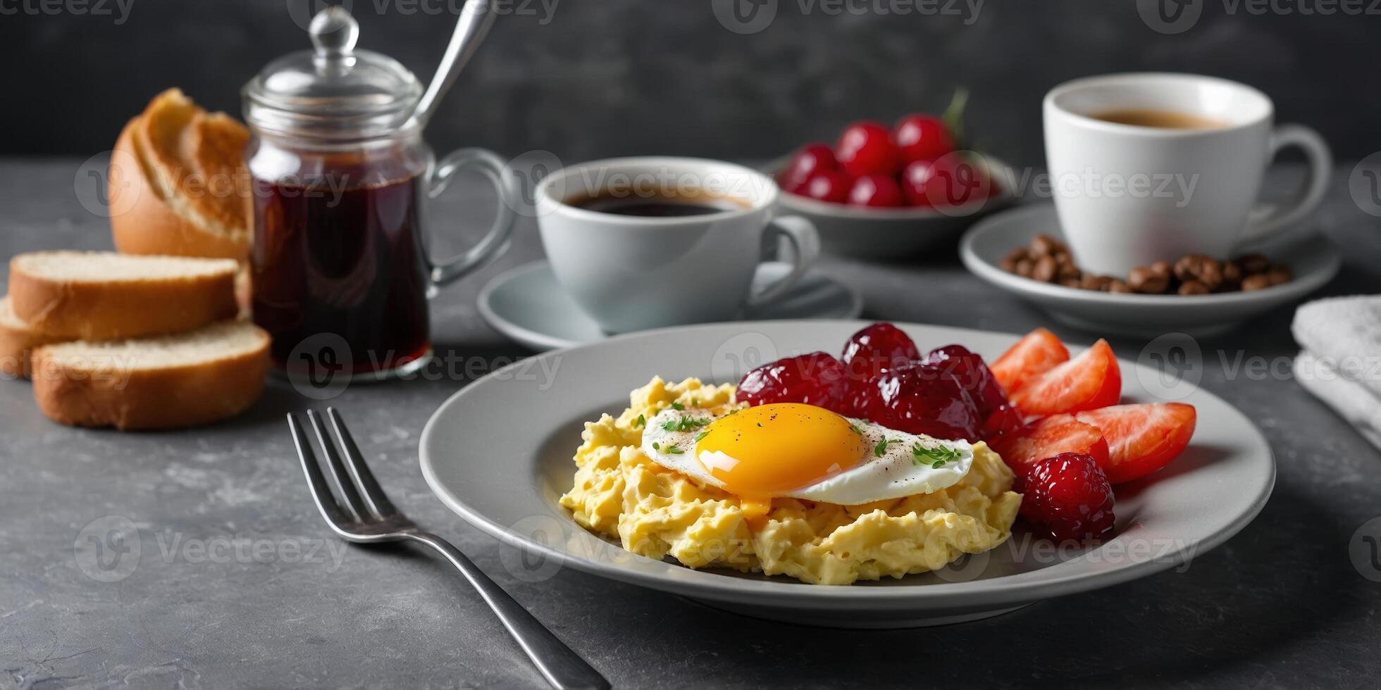 Delicious breakfast platter with eggs, strawberries, cherries, and coffee served on a grey table photo