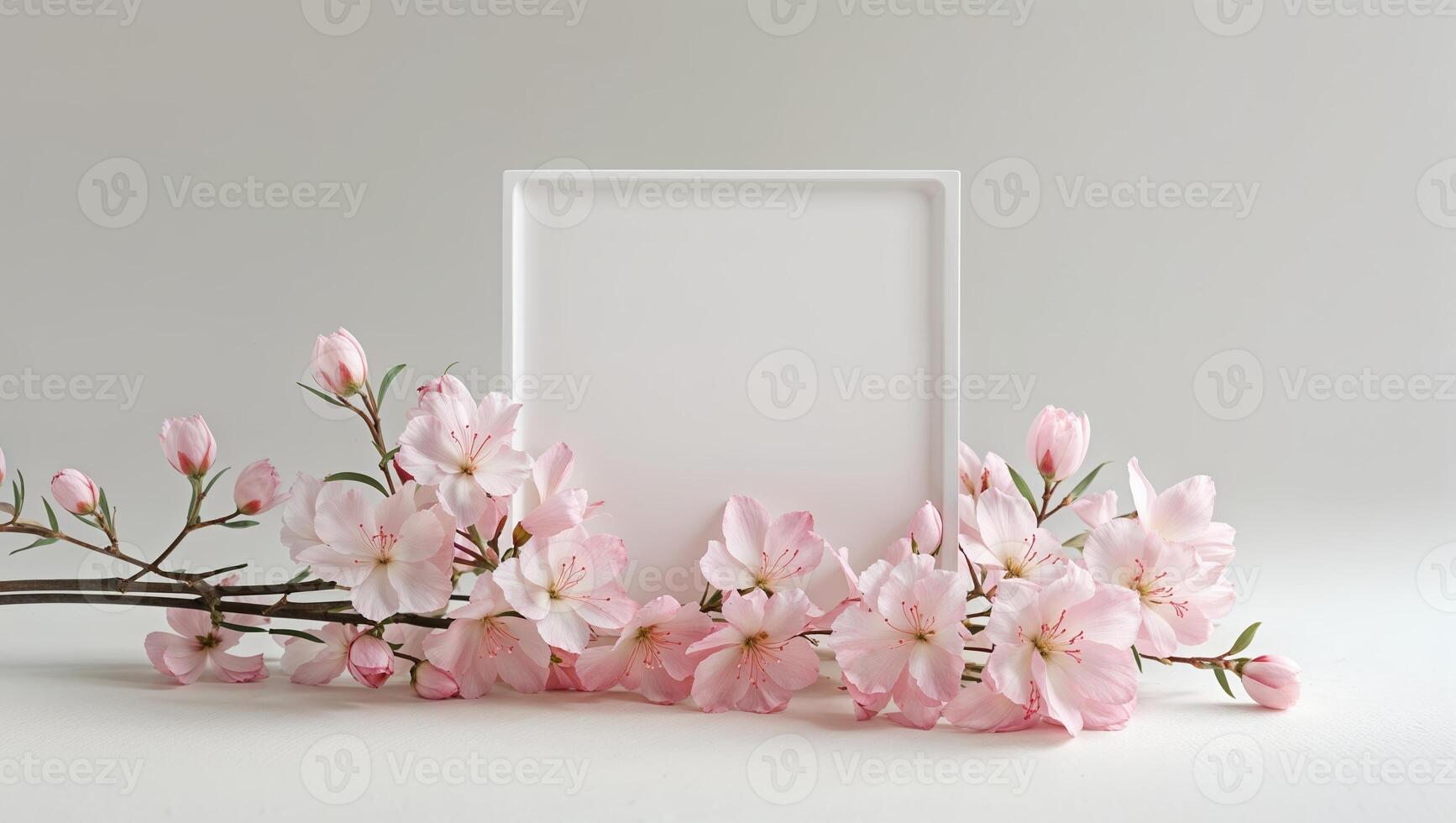 Delicate cherry blossoms arranged beautifully beside a blank white frame for artistic display photo